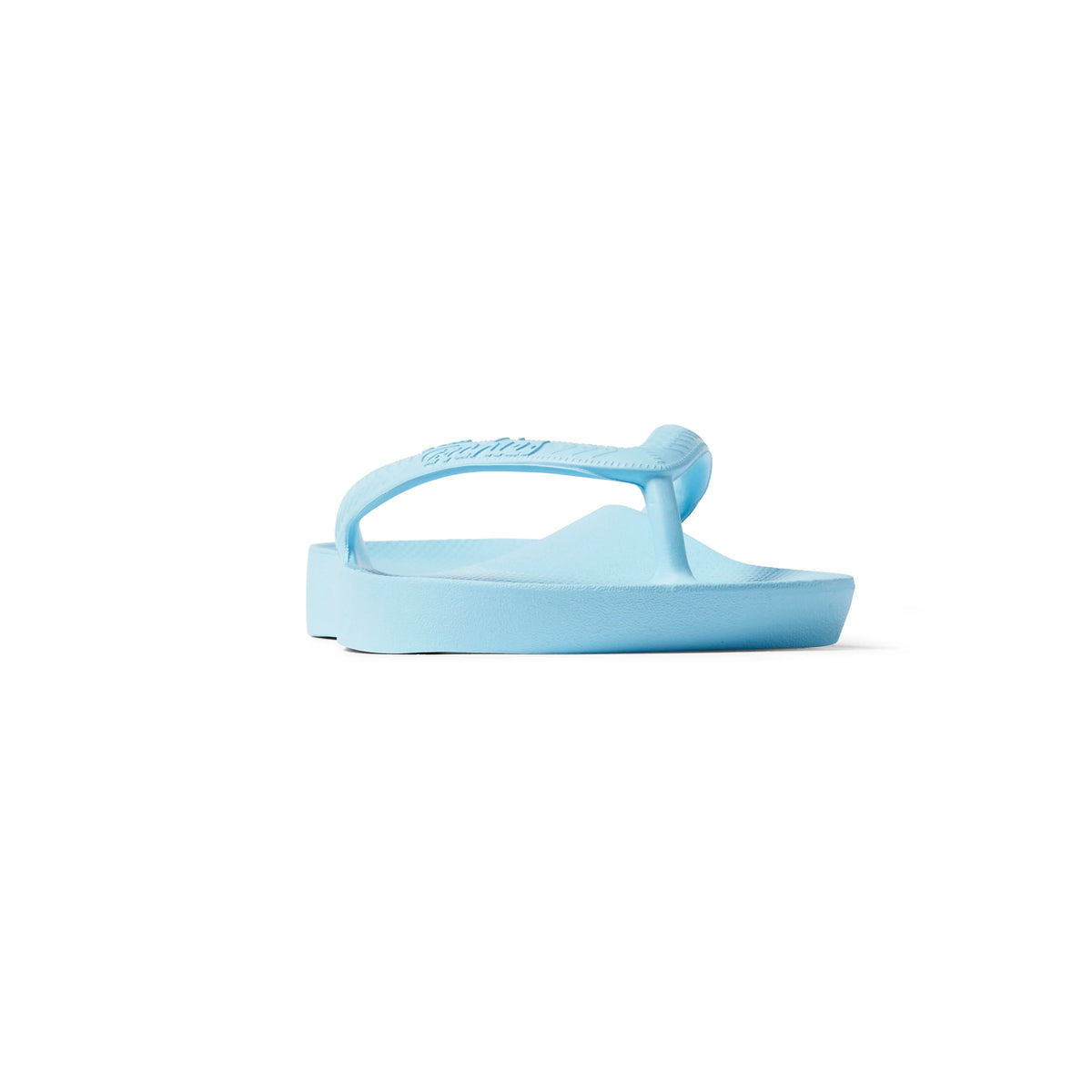Archies arch support flip flops in sky blue, side view on white background