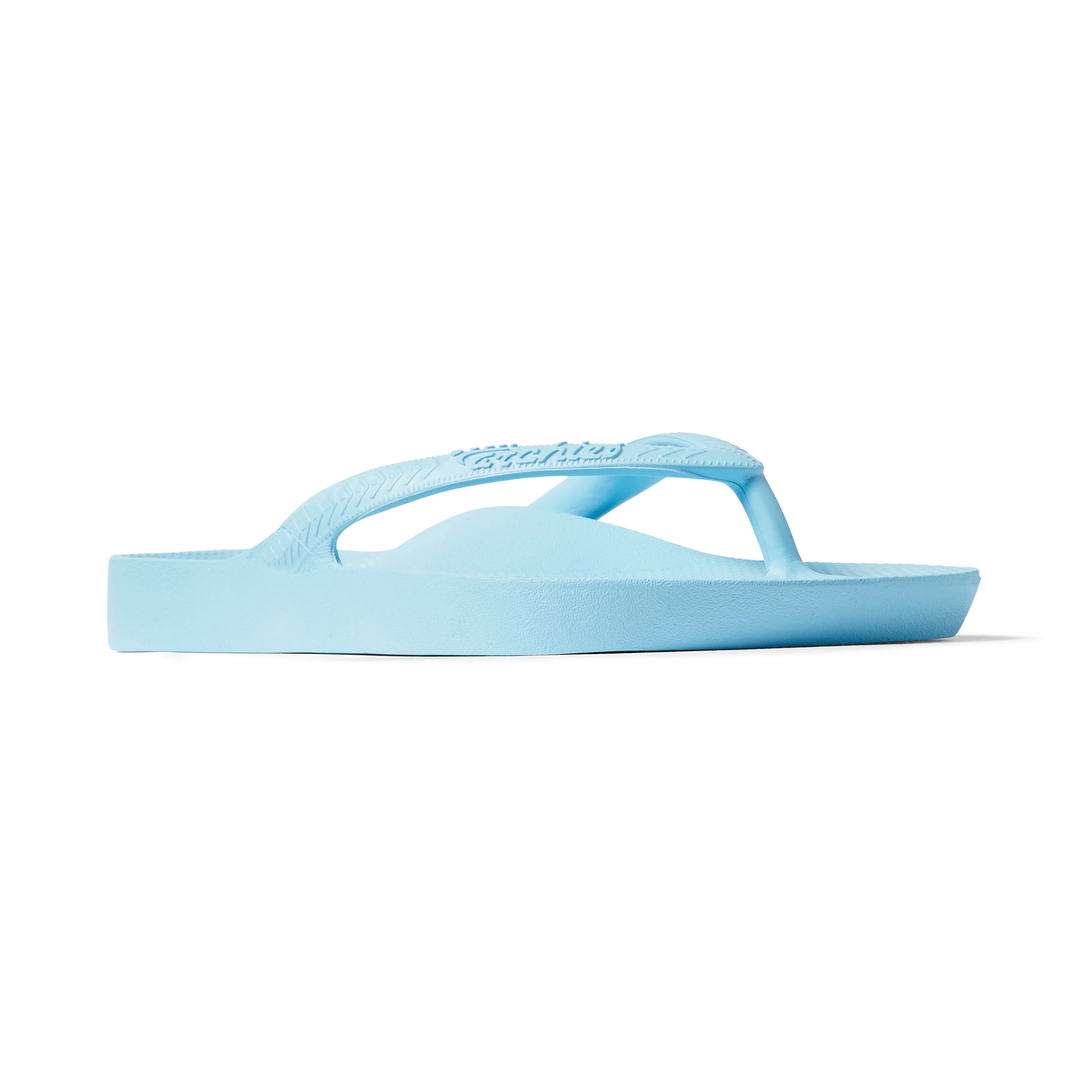 Archies Arch Support Flip Flops in sky blue, side view on white background
