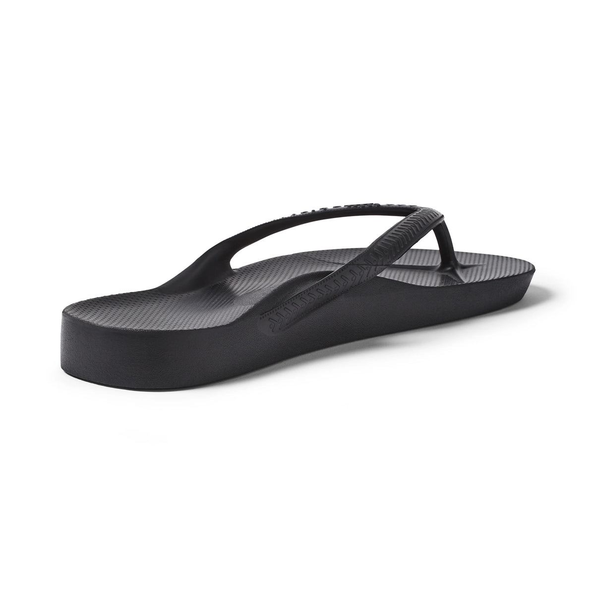 Archies black arch support flip flops shown from rear angle on white background