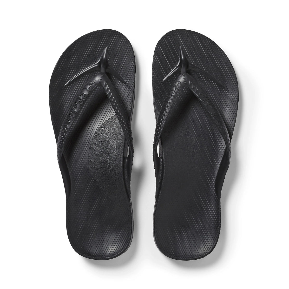 Archies black arch support flip flops shown from top-down view on white background