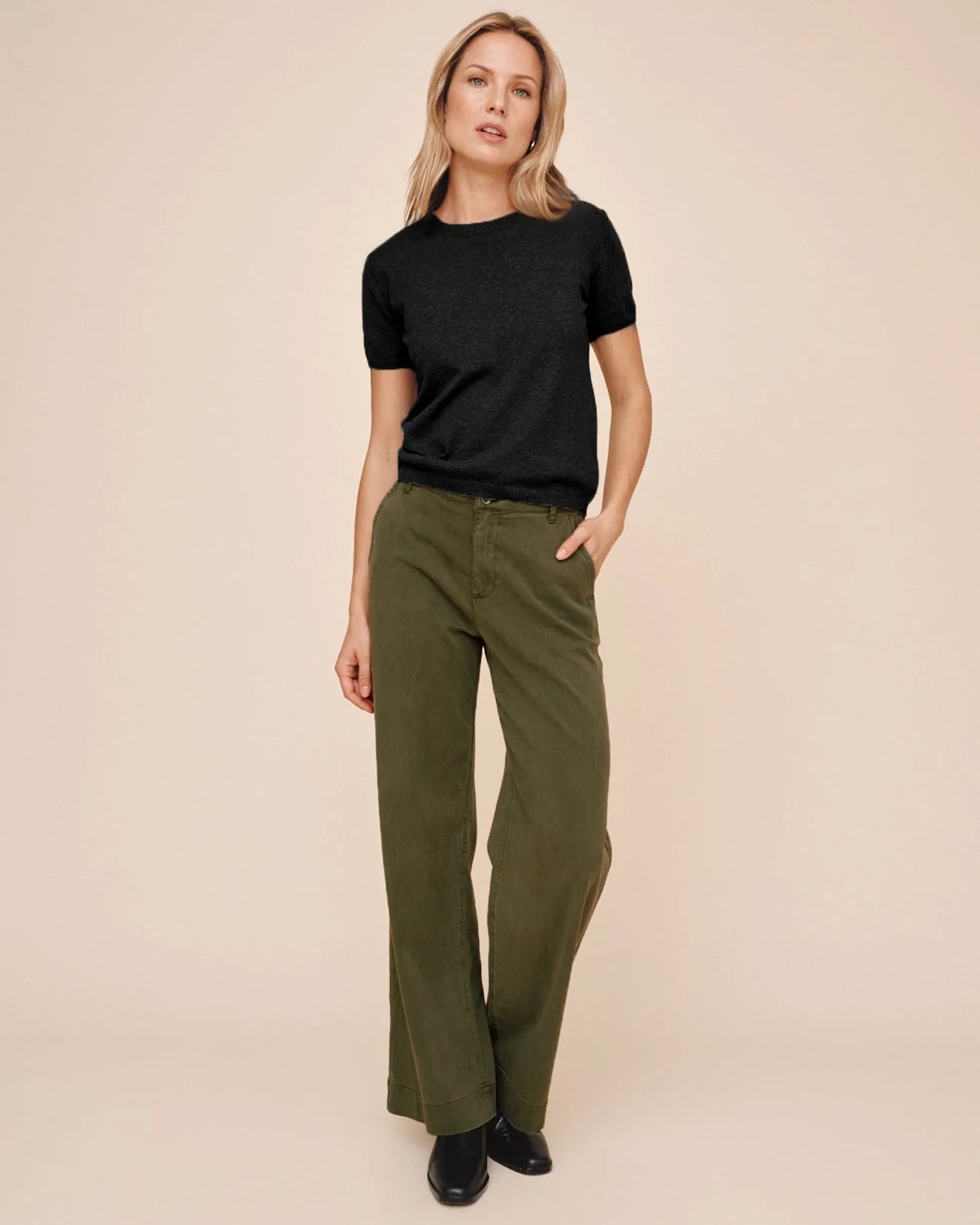 Bella Dahl Sydney wide leg chino pants in olive green with cuffed hem