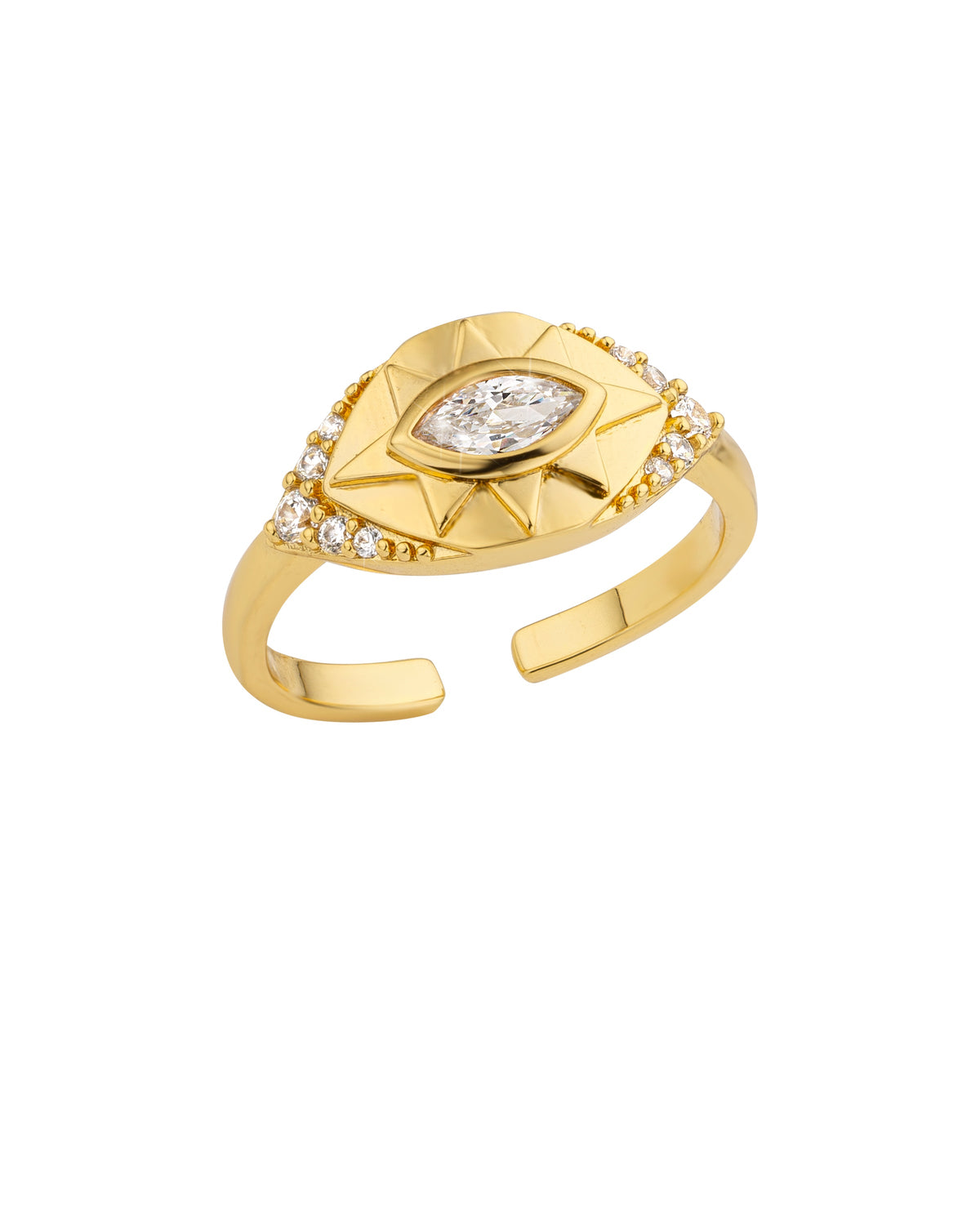 MYA-BAY ASTRA gold adjustable ring with marquise crystal and evil eye design