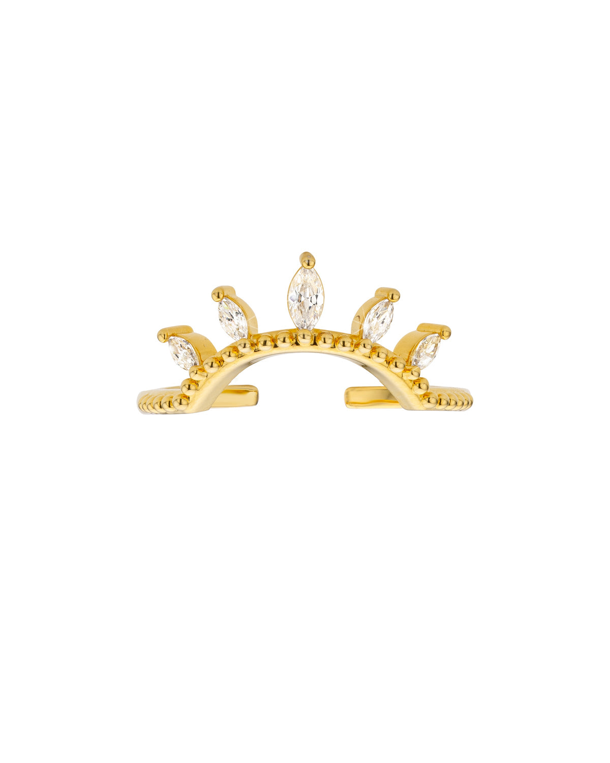Gold crown-shaped ring with five marquise-cut white crystals on beaded arch band