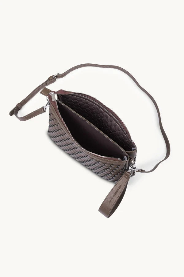 Ilse Jacobsen brown woven leather crossbody bag open showing quilted interior