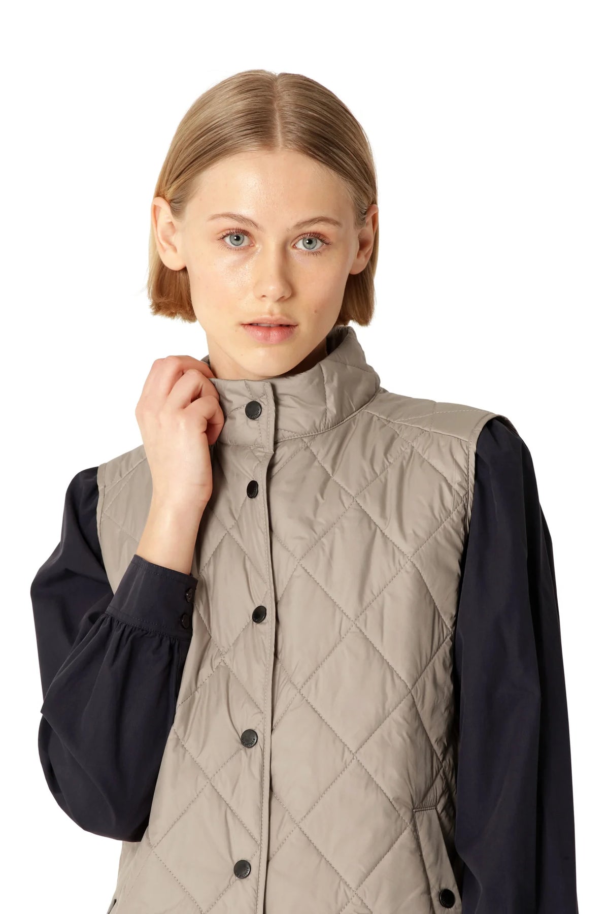 Ilse Jacobsen BEAT01 quilted taupe sleeveless vest with snap buttons and stand collar