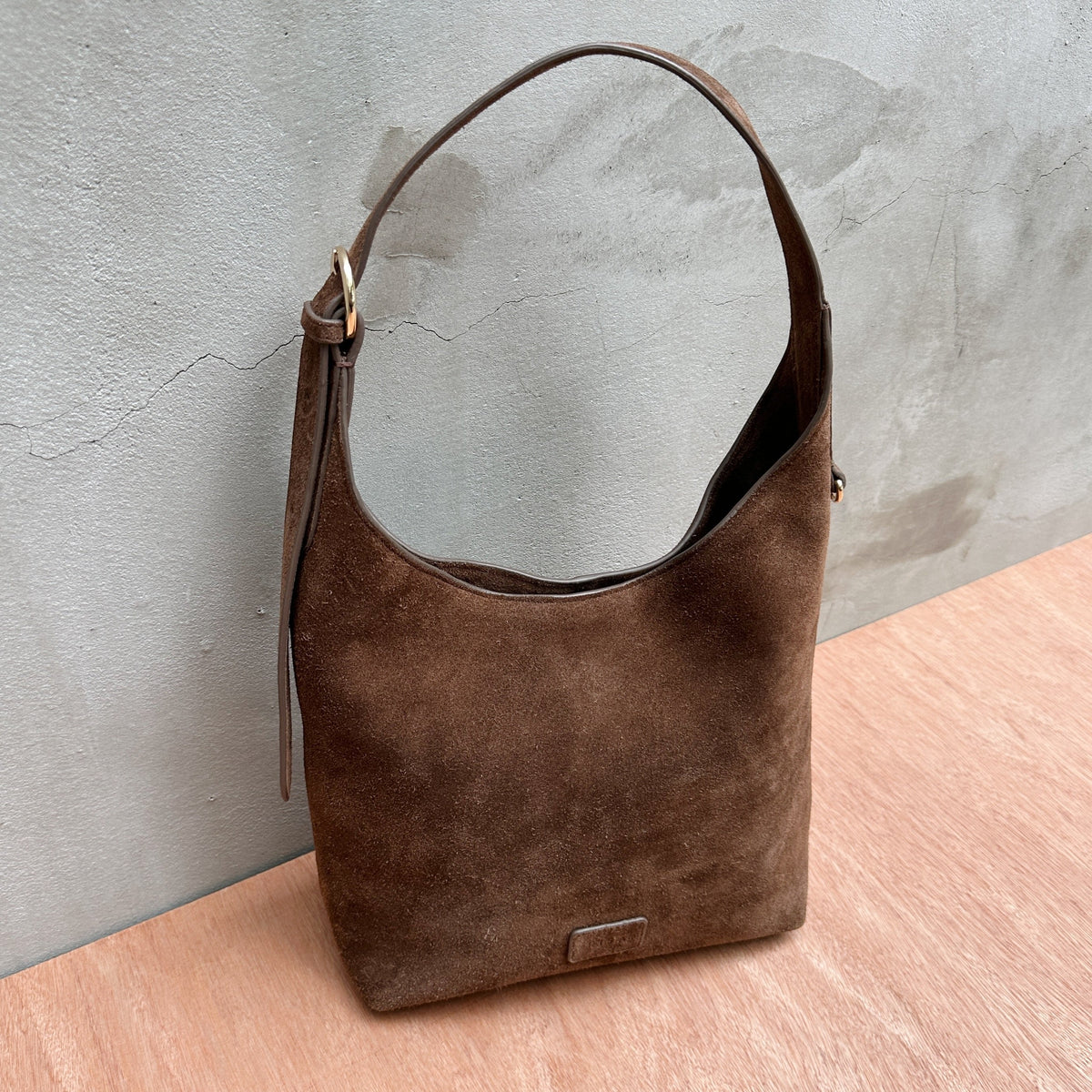 RISA Claude chocolate brown suede hobo shoulder bag with gold buckle detail