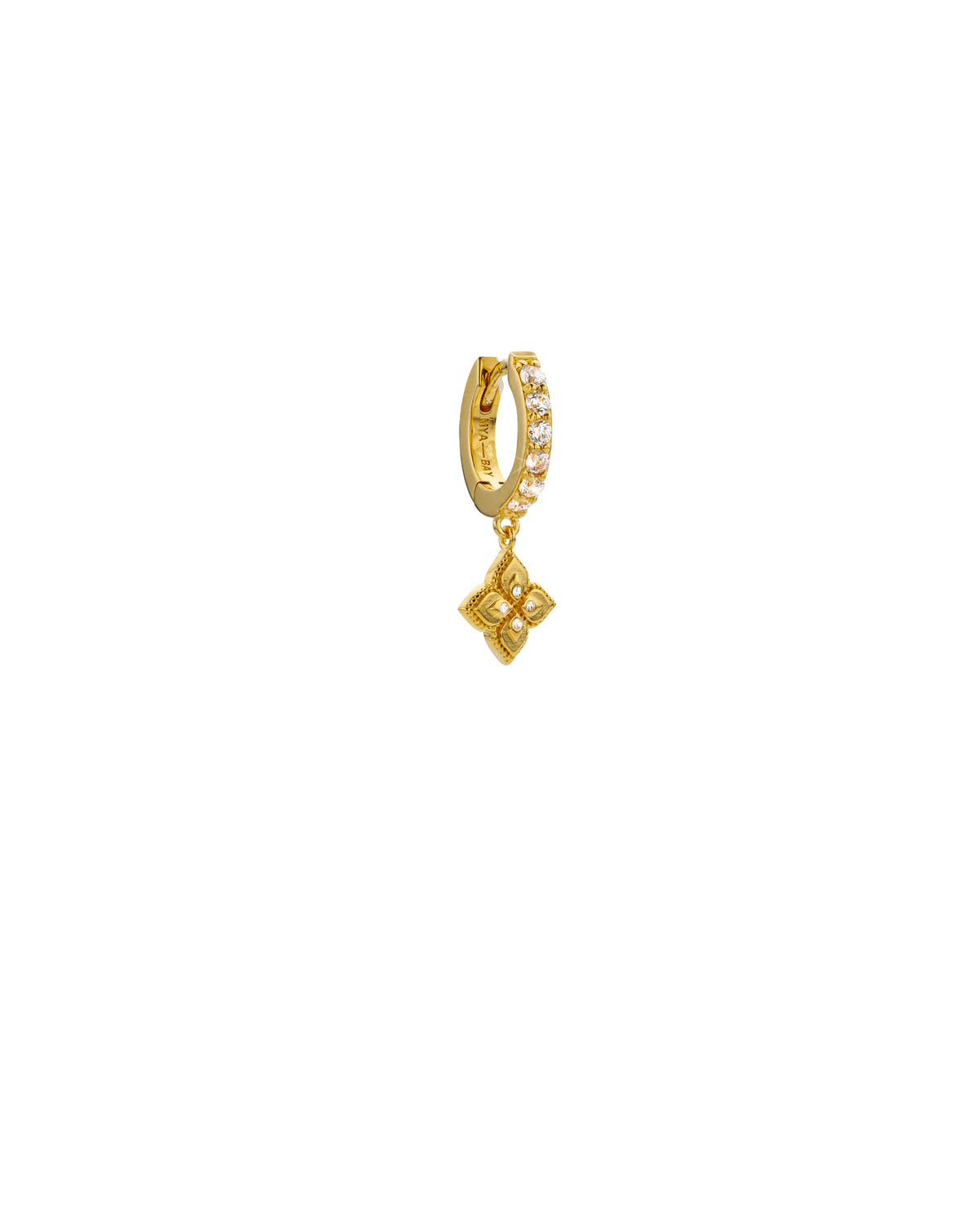 MYA-BAY Lotus Delhi gold huggie hoop earring with crystal pavé and floral charm pendant