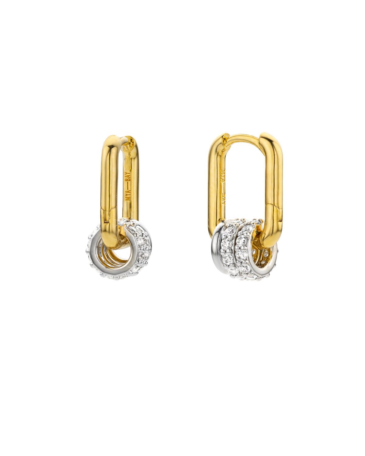 MYA-BAY Jazzy Rock earrings in gold oval hoops with silver pavé diamond charm rings