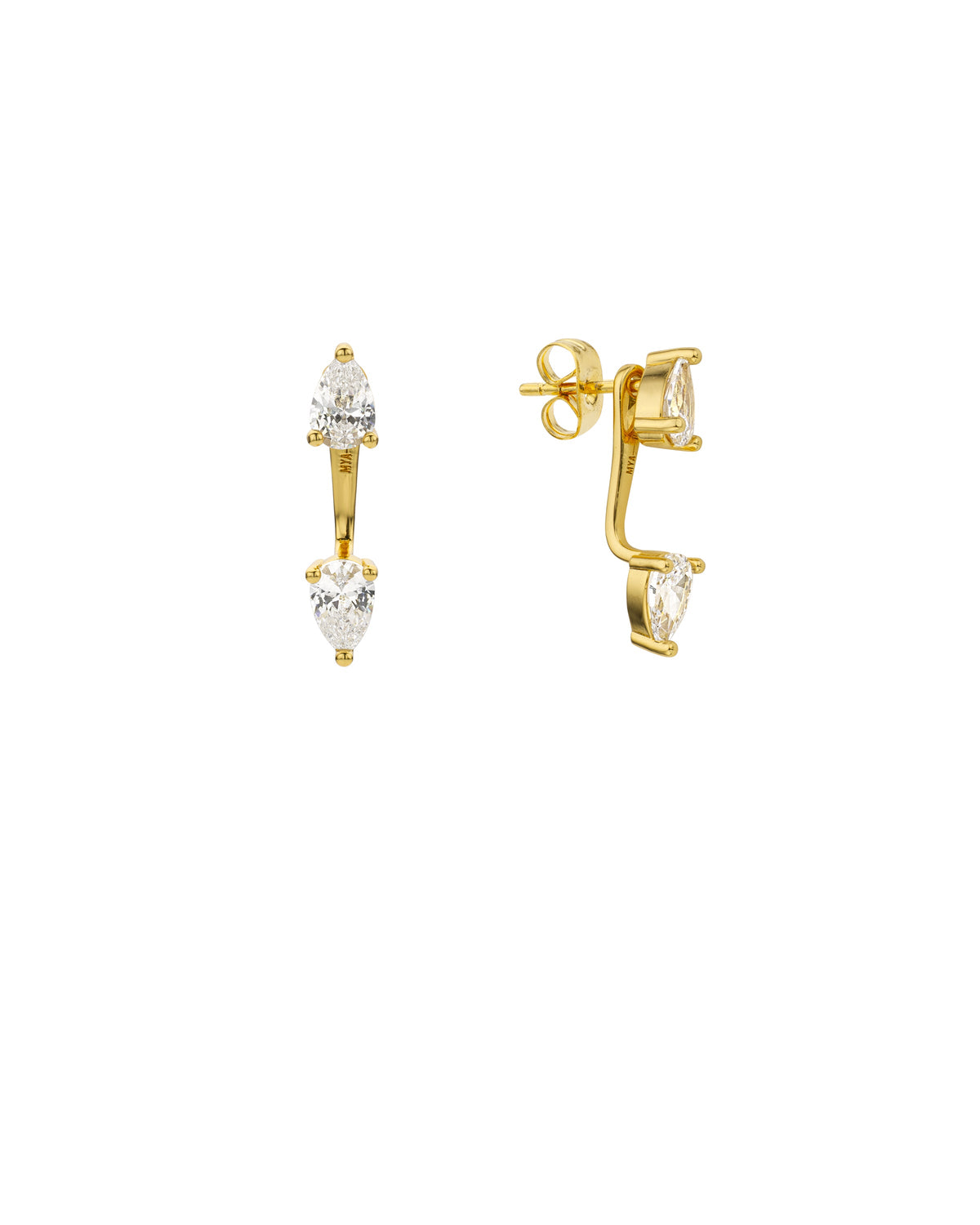 MYA-BAY Pear Branch gold earrings with two pear-shaped crystals shown front and side view