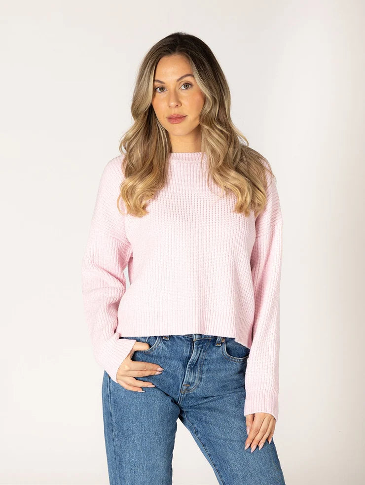 Lyla & Luxe Bobby chenille rib sweater in light pink with blue jeans