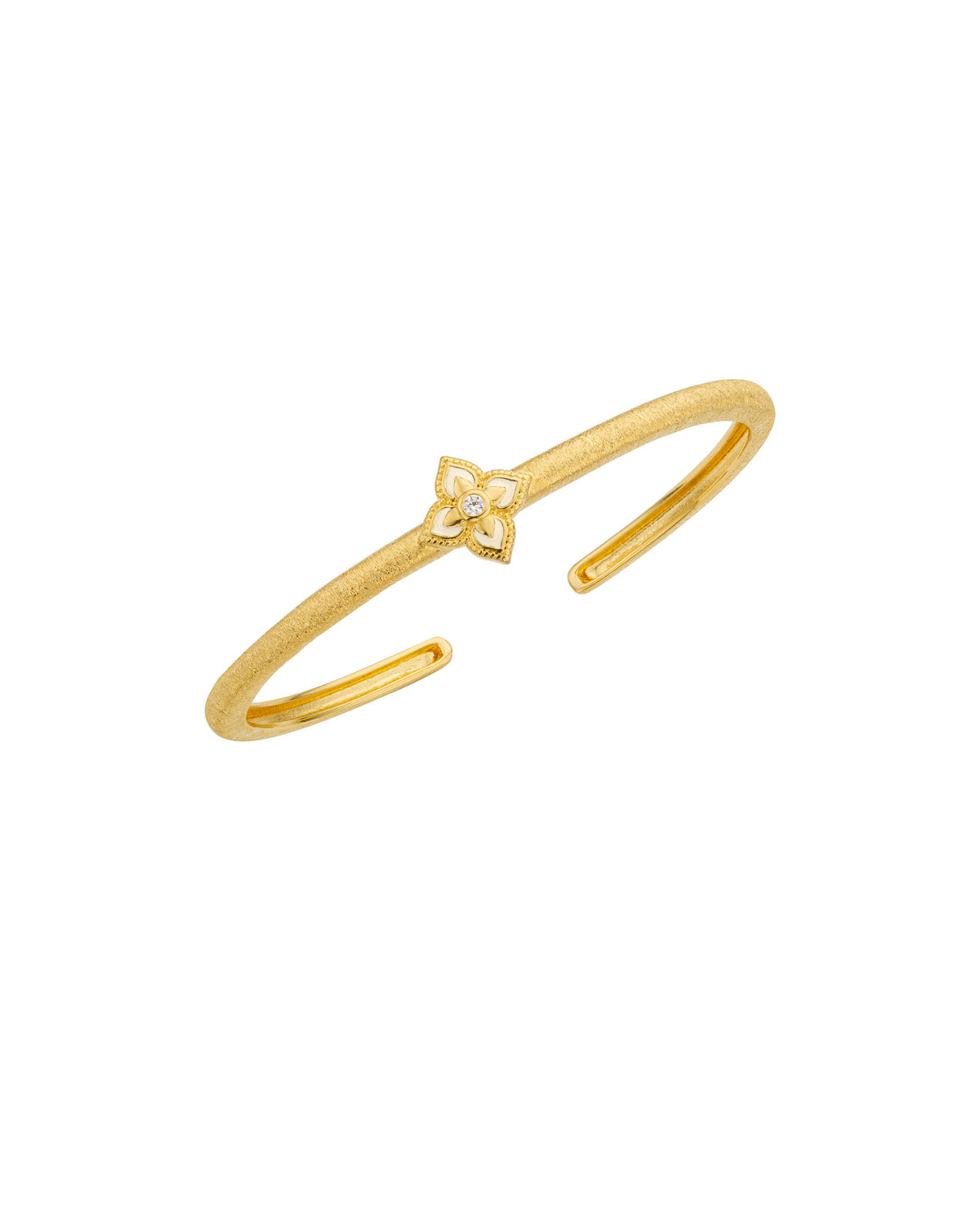 MYA-BAY White Lotus gold open cuff bracelet with four-petal flower detail and diamond center