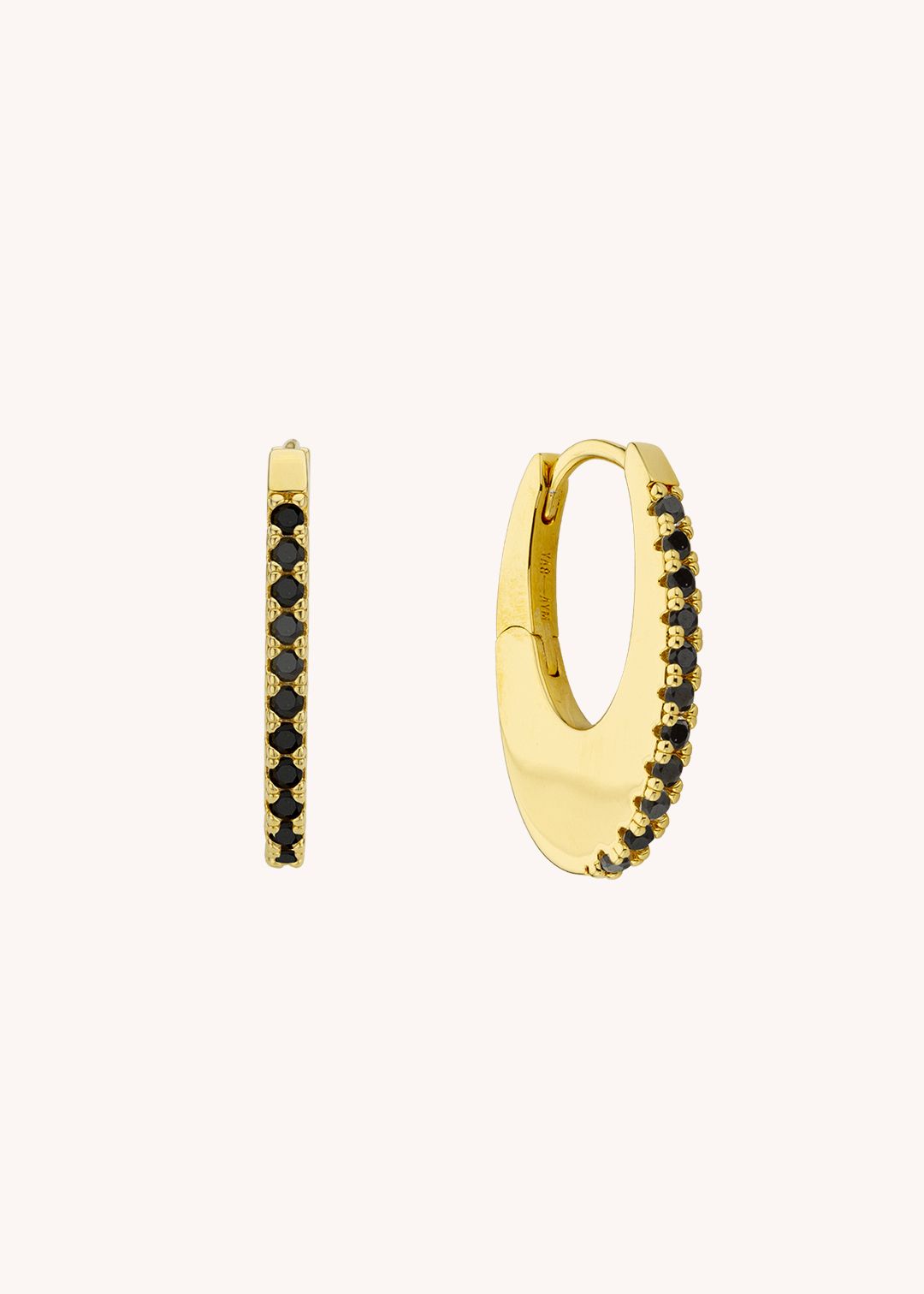 MYA-BAY Black Stellar gold hoop earrings with black pavé stones, shown as pair