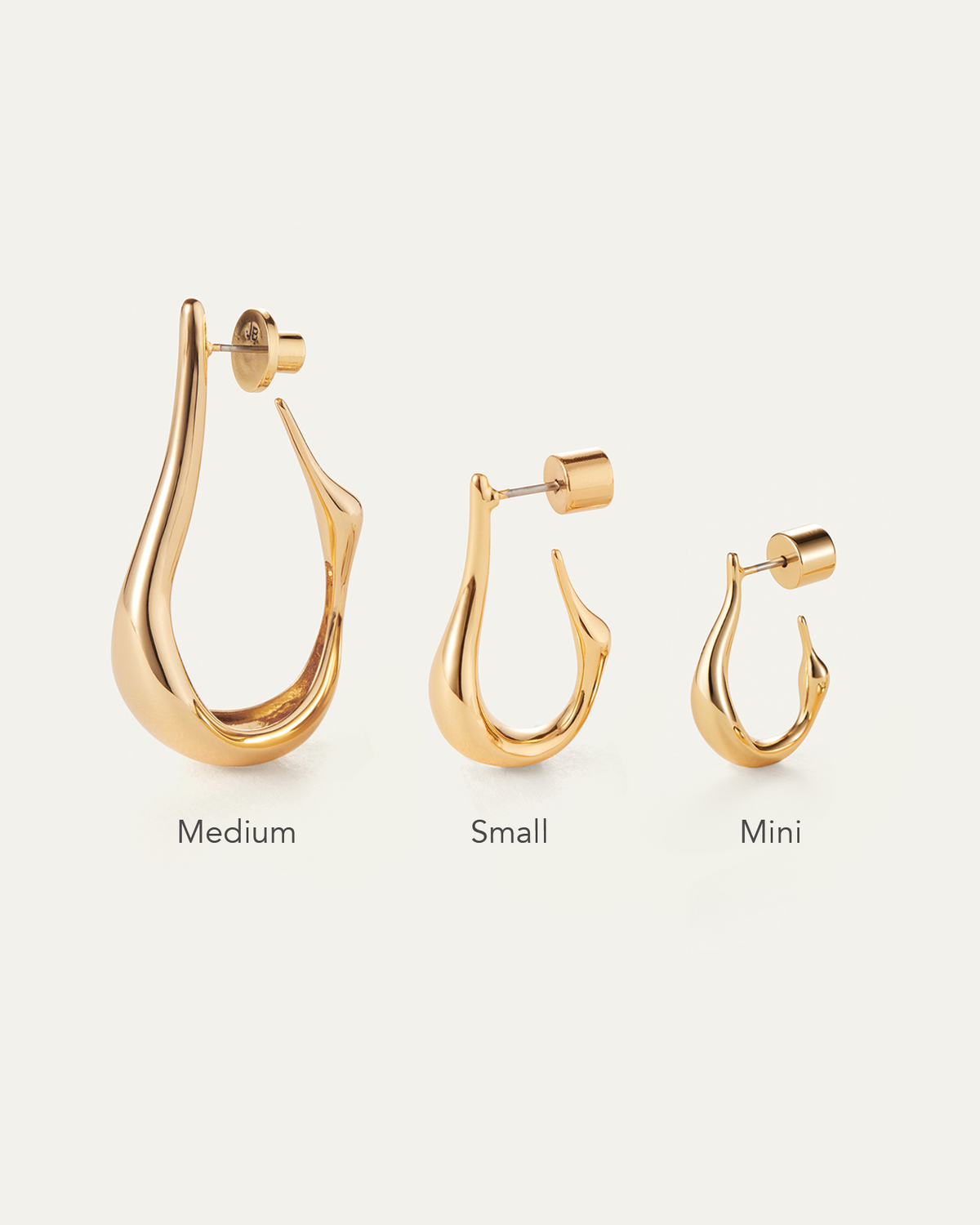 Jenny Bird Egret Hoops in gold tone shown in three sizes: Medium, Small, and Mini