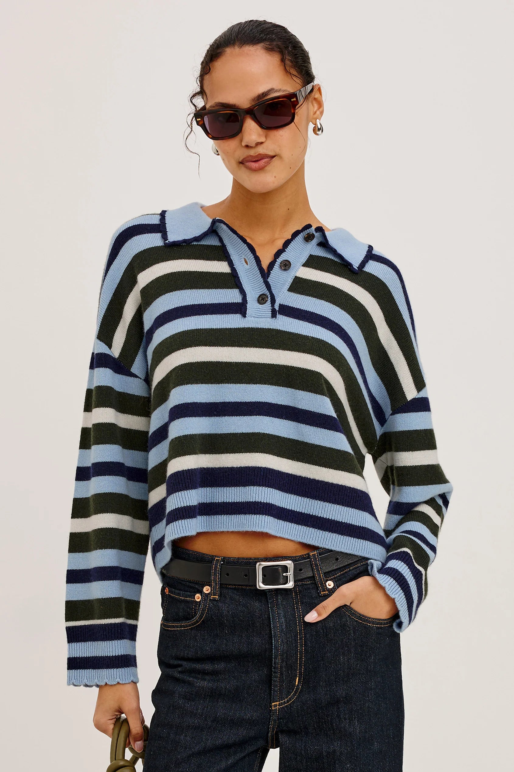 Rails Delora striped knit polo sweater in blue, navy, and green with button placket