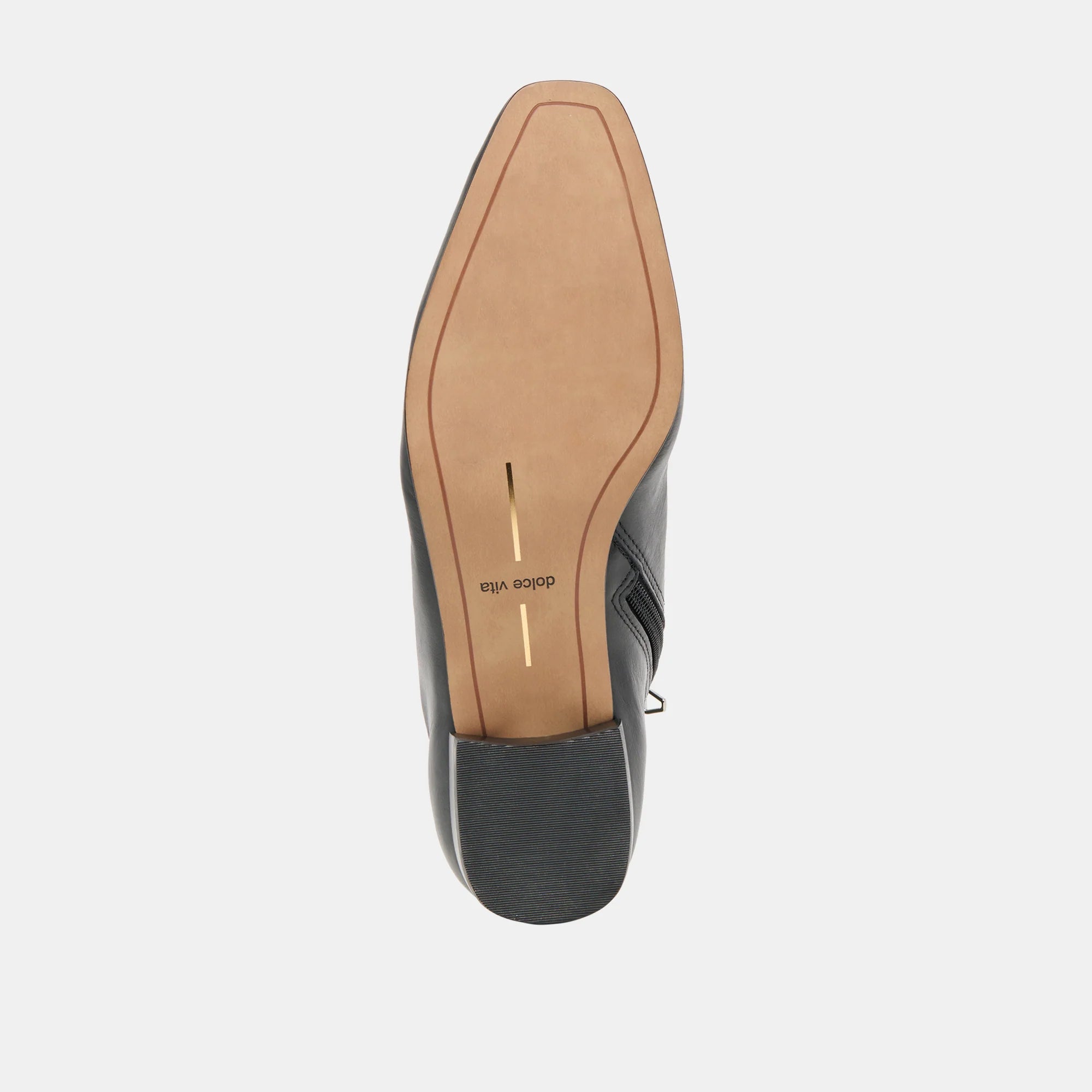 Dolce Vita Tarine black leather boot sole view with tan insole and gold branding