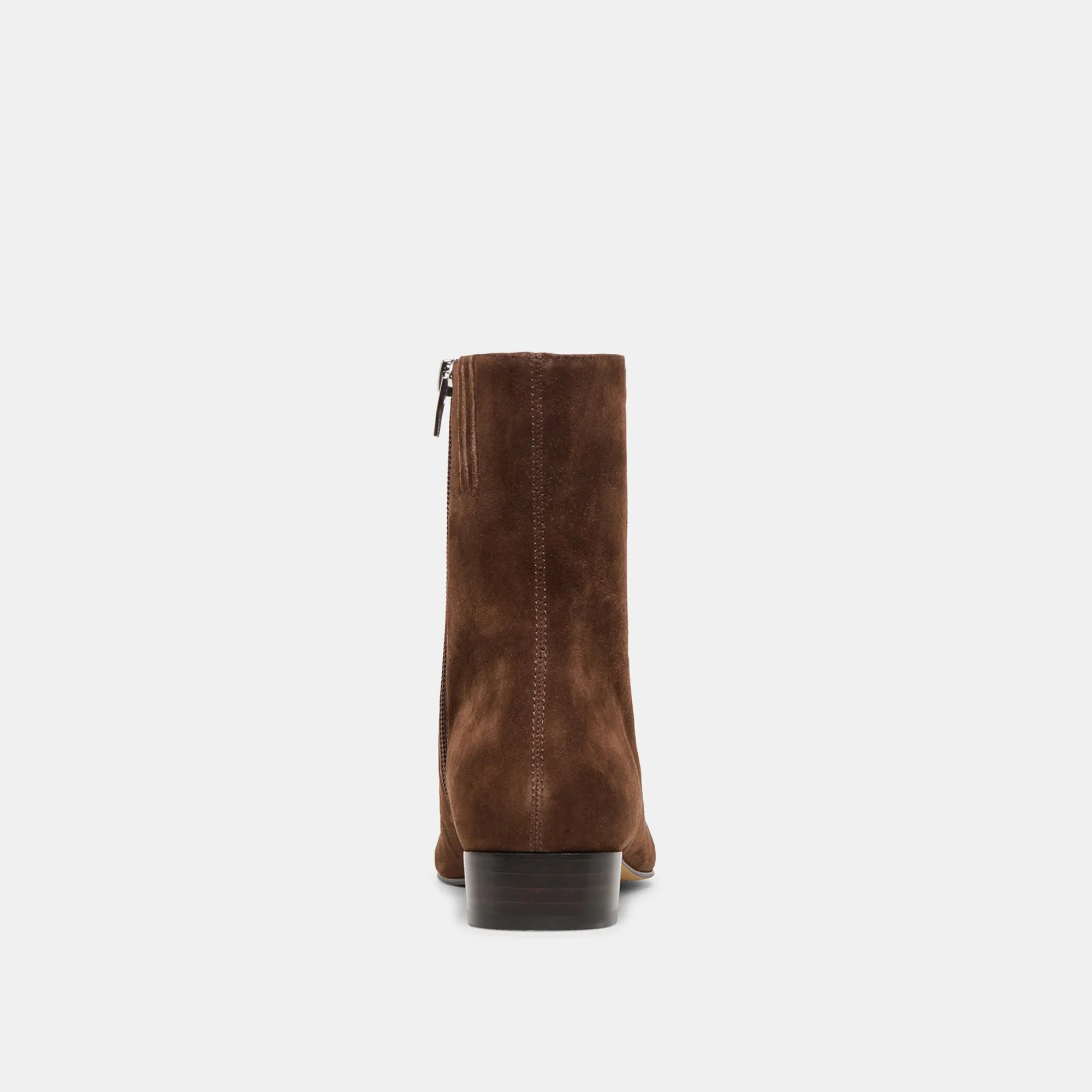 Dolce Vita Tarine brown suede ankle boot, back view, silver zipper, block heel