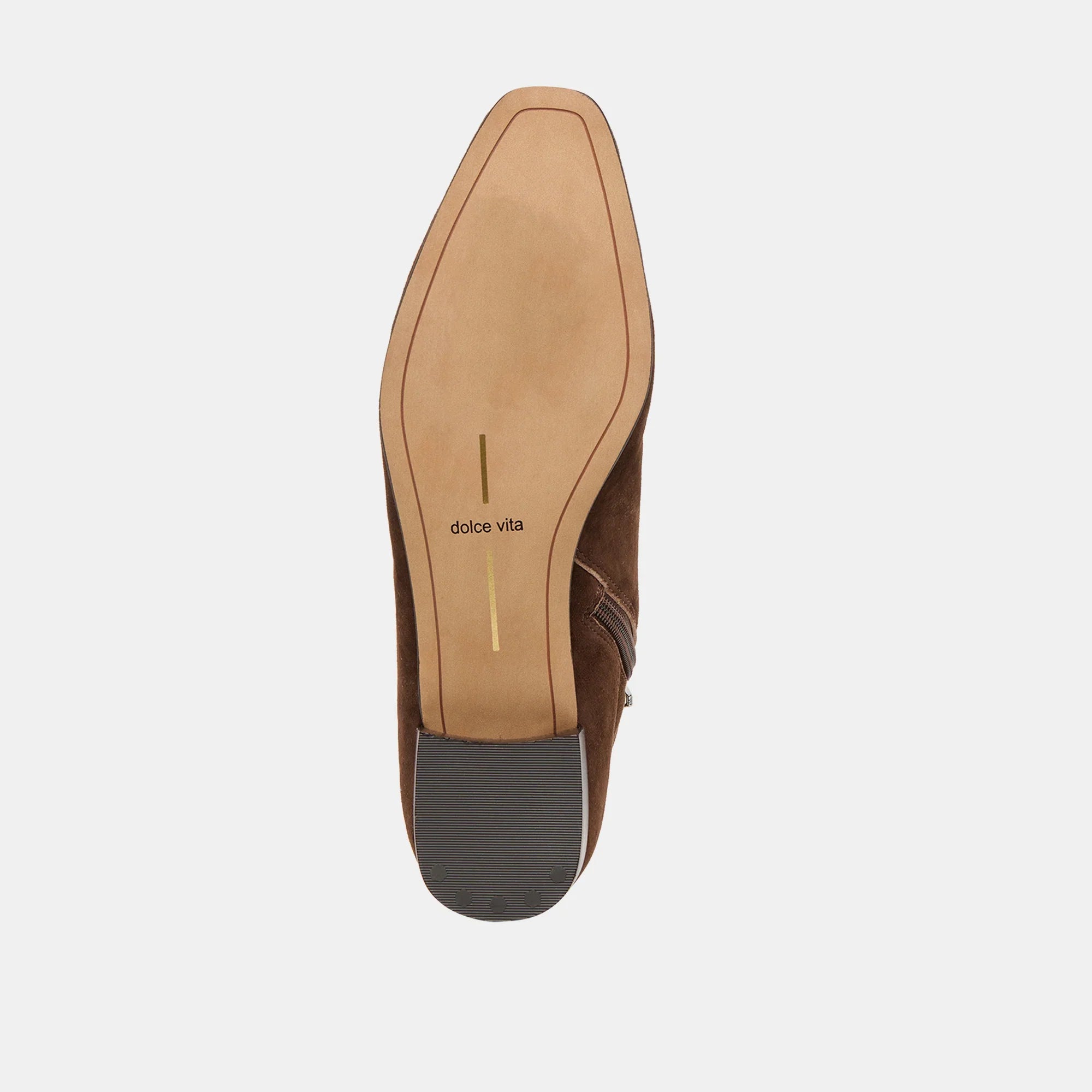 Dolce Vita Tarine brown suede boot sole view with tan insole and heel cap