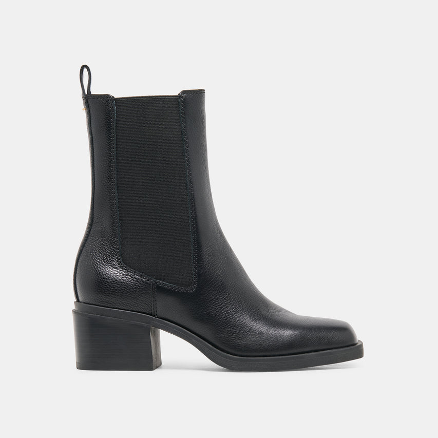 Black leather Chelsea ankle boot with block heel and elastic side panels