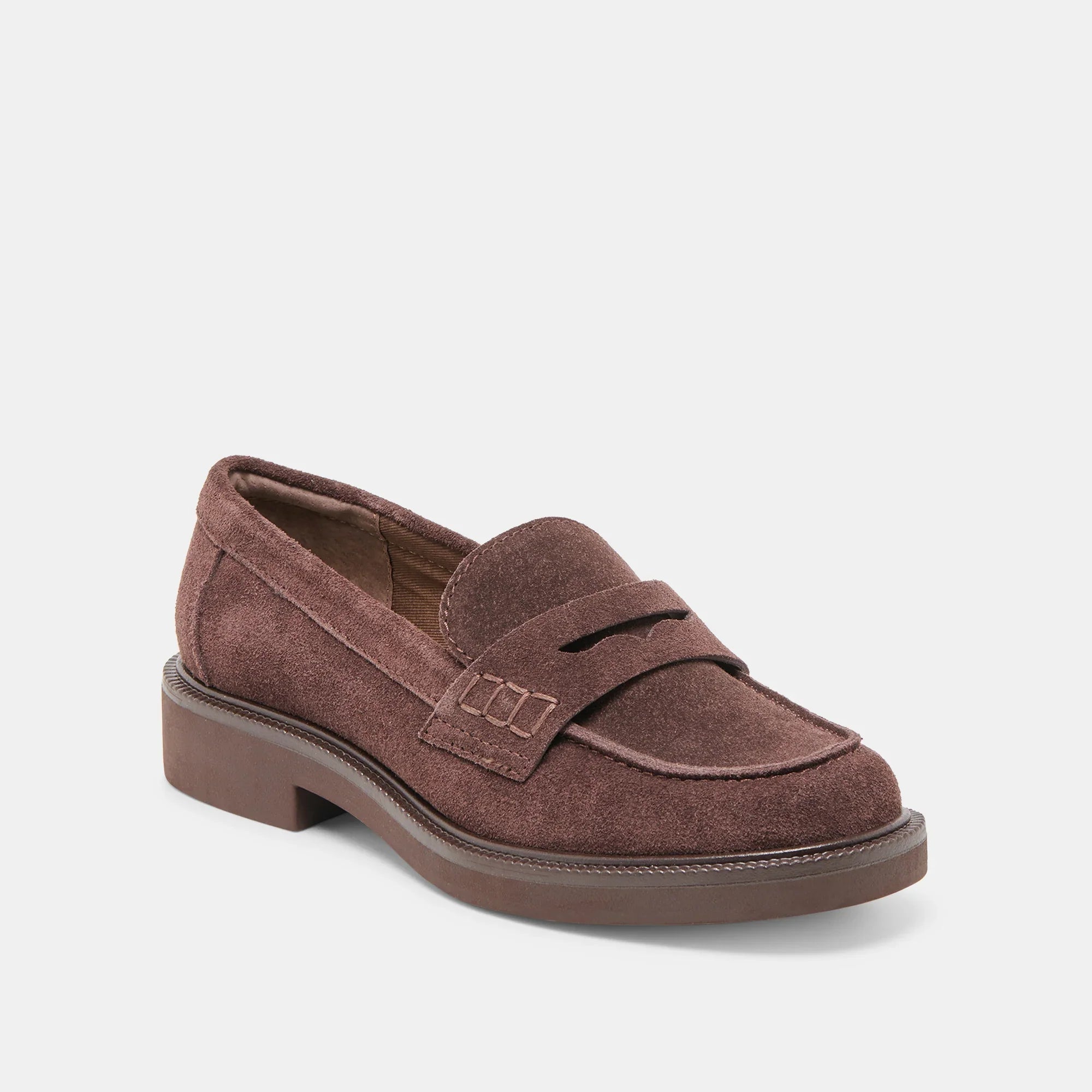 Dolce Vita Tiggy chocolate brown suede penny loafer with low stacked heel
