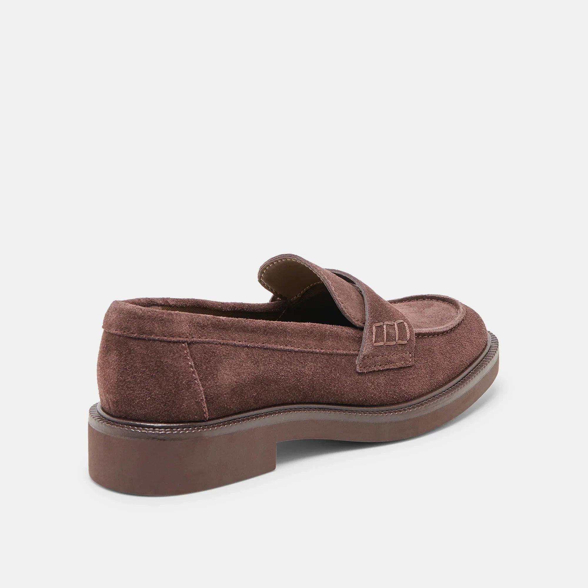 Dolce Vita Tiggy brown suede penny loafer, back angle view, low stacked heel