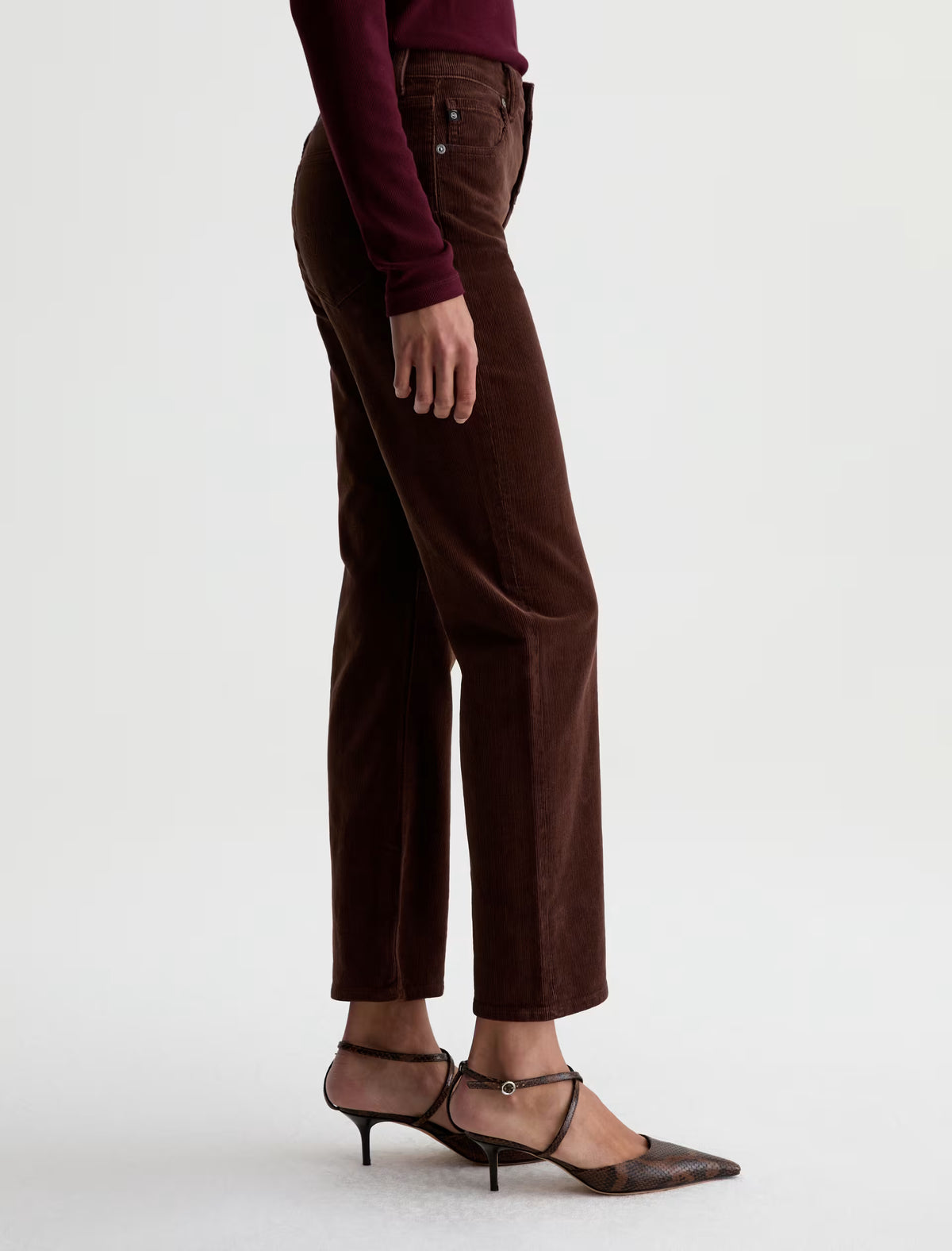 AG Brinley straight-leg wood brown corduroy pants, high-rise, cropped ankle length