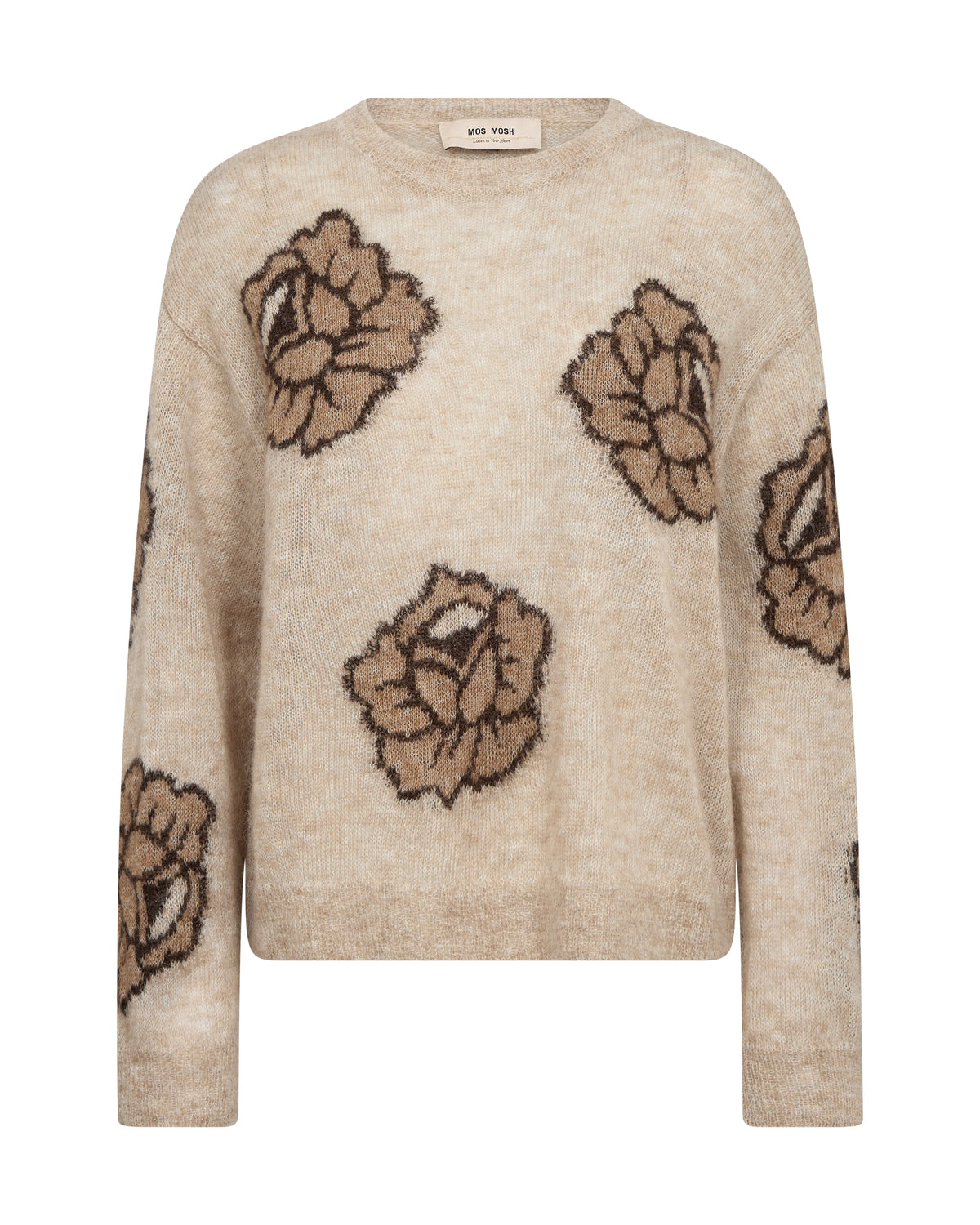 Mos Mosh Drea Popli knit sweater in doeskin beige with brown floral rose intarsia pattern