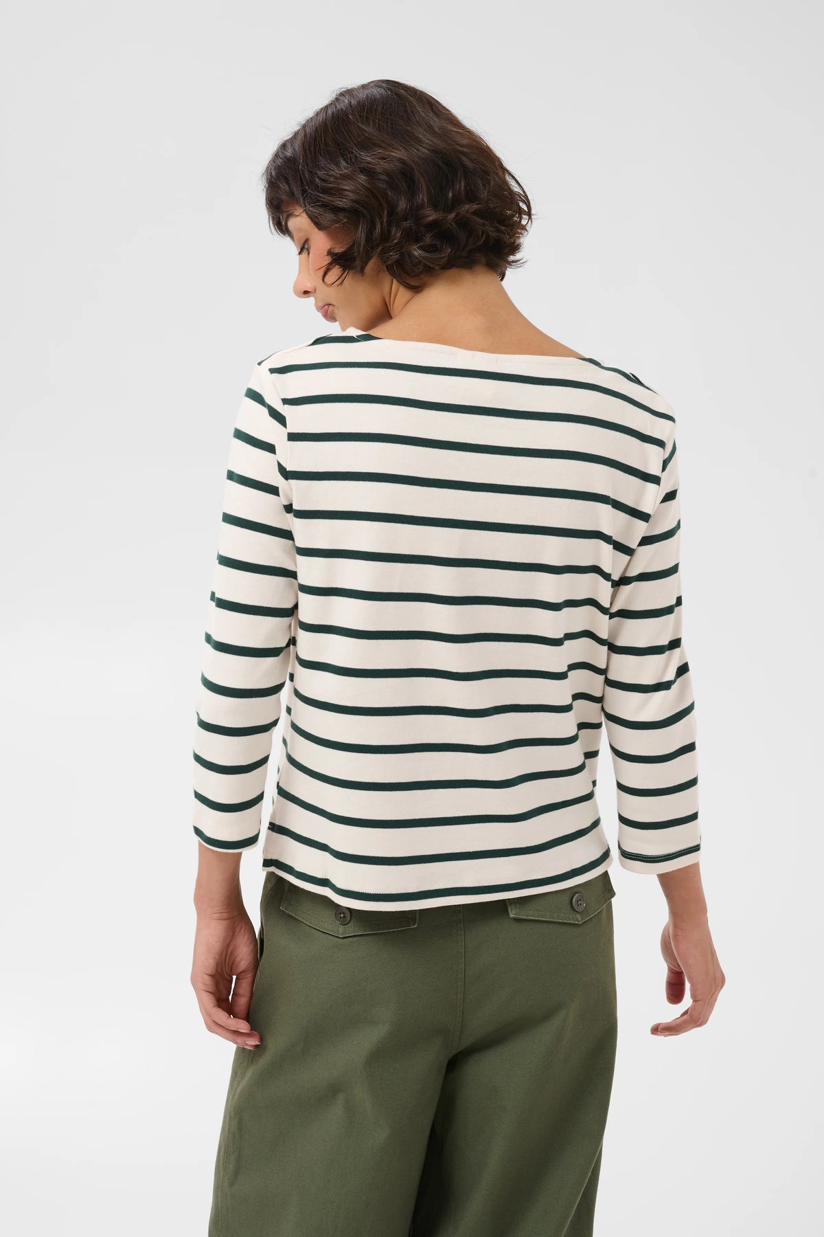 Part Two Nela Top, cream and green striped long-sleeve boat neck tee, back view