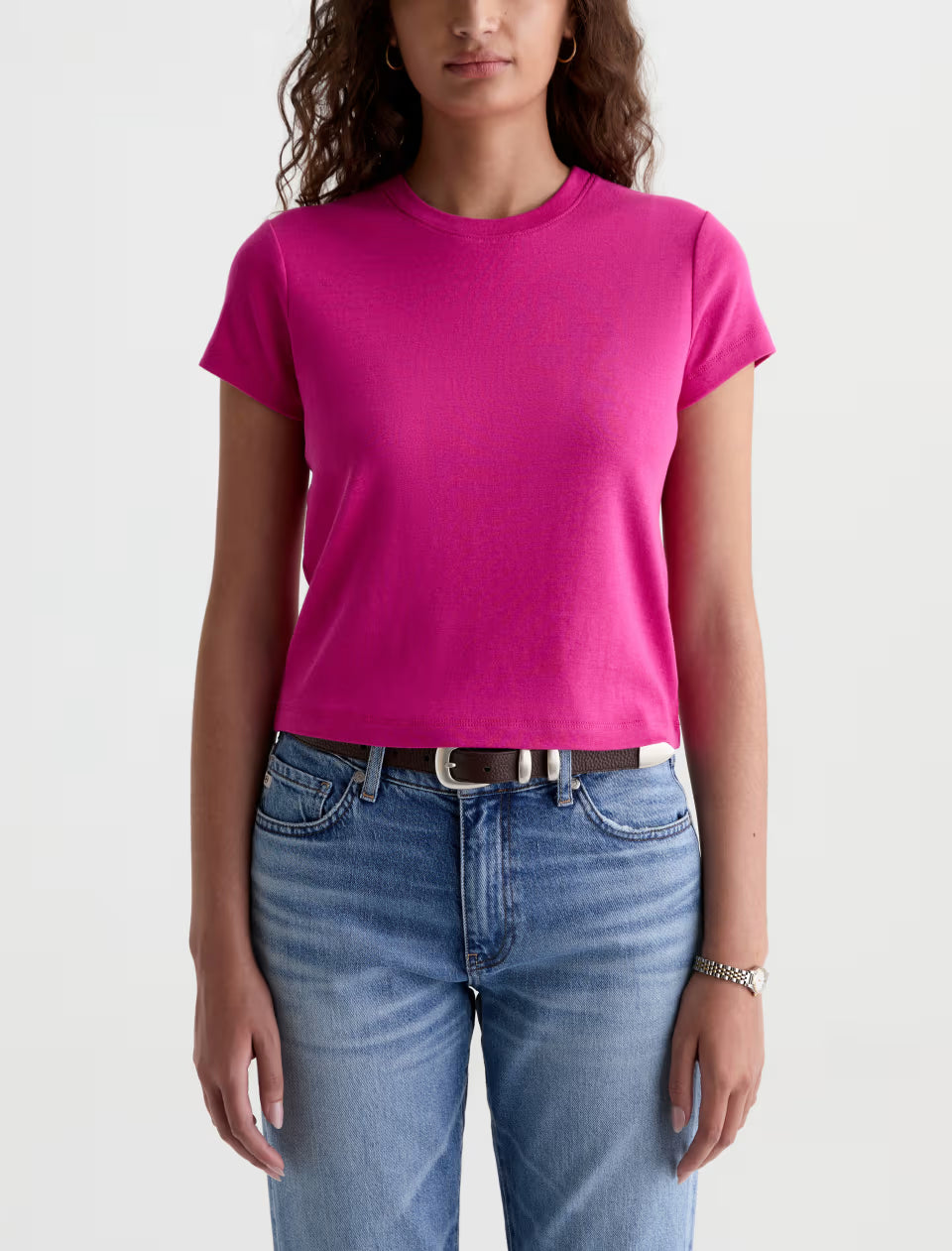 AG Sadie Crew tee in bright magenta pink, fitted short sleeve crewneck style