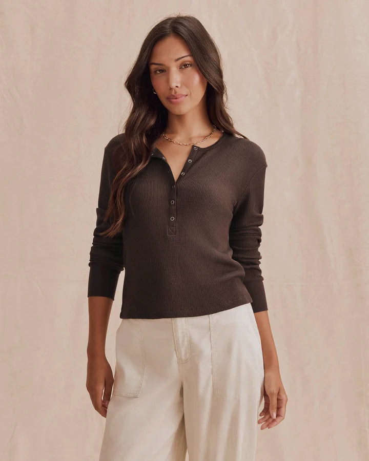 Dark brown ribbed thermal long sleeve henley top with button placket