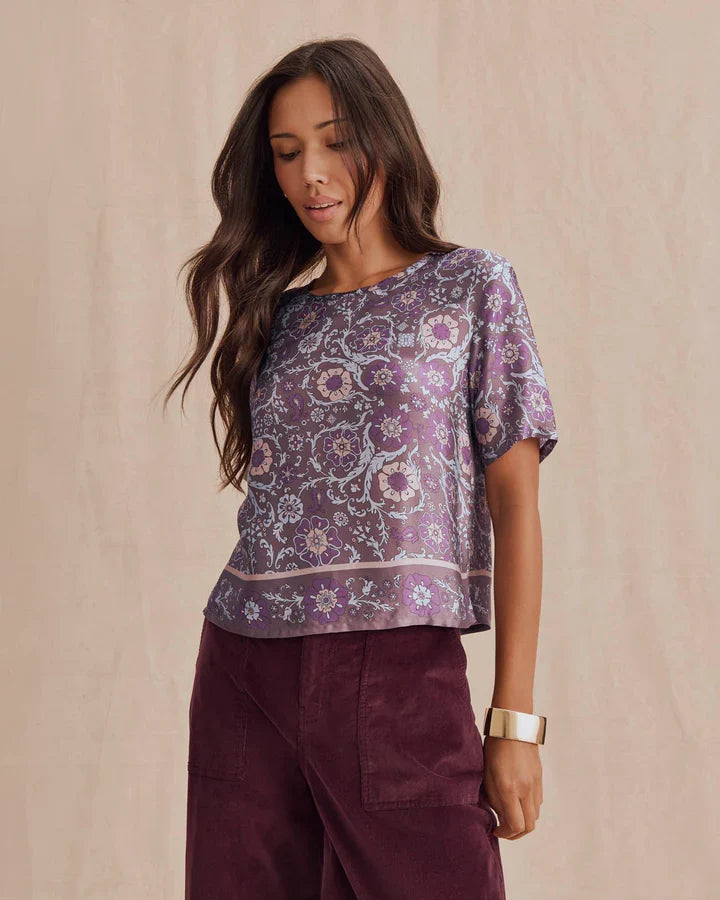 Splendid Violet SS Top, purple floral print short-sleeve cropped boxy tee