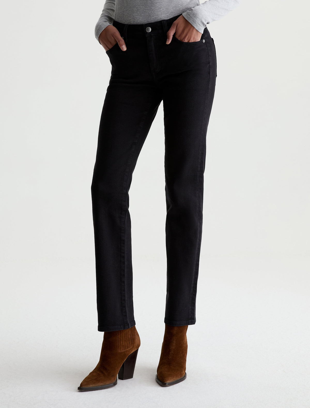 AG Sandra straight-leg jeans in super black worn with brown suede ankle boots
