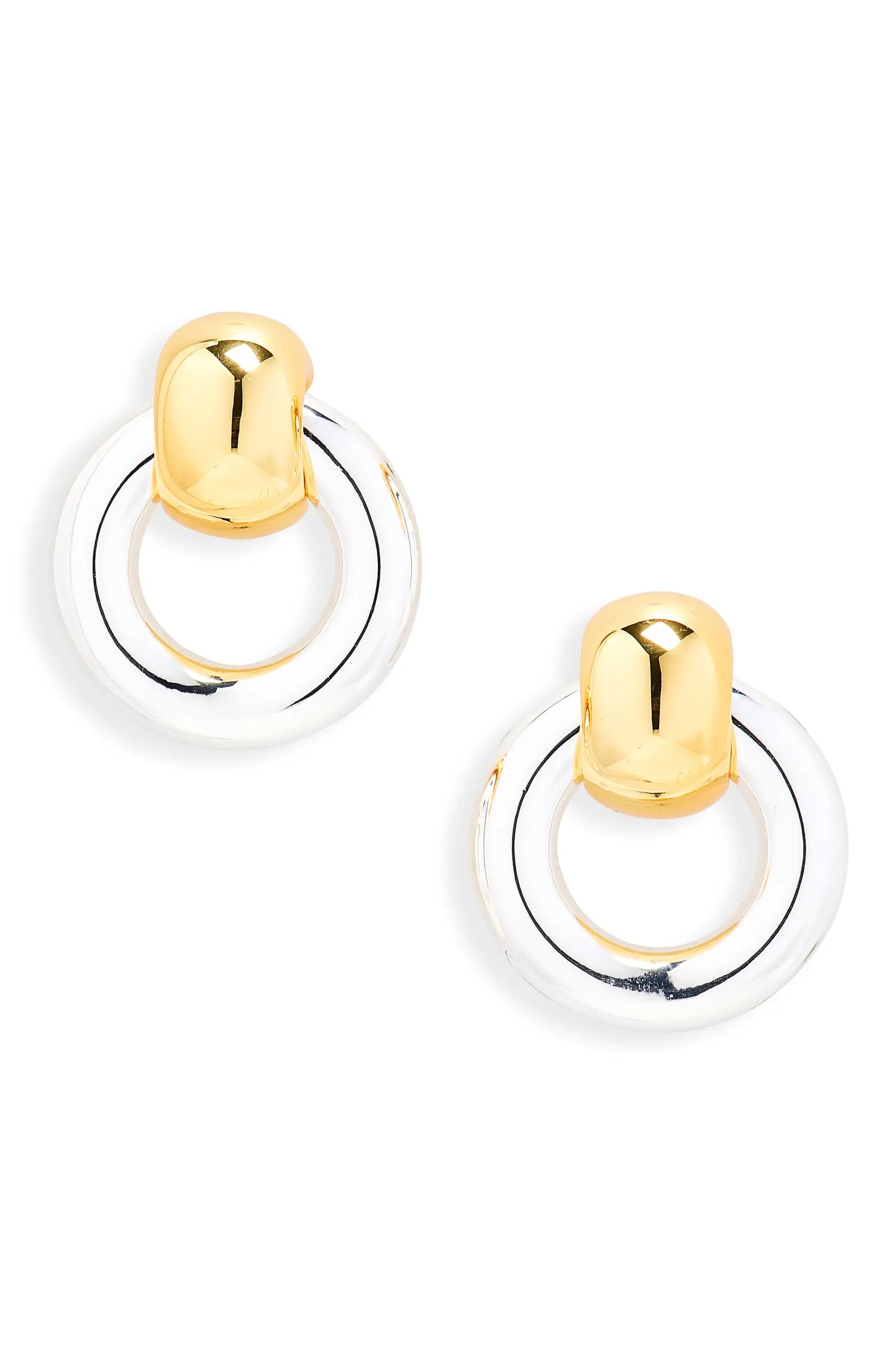Pair of gold and silver two-tone hoop earrings with rounded gold accents on a white background.