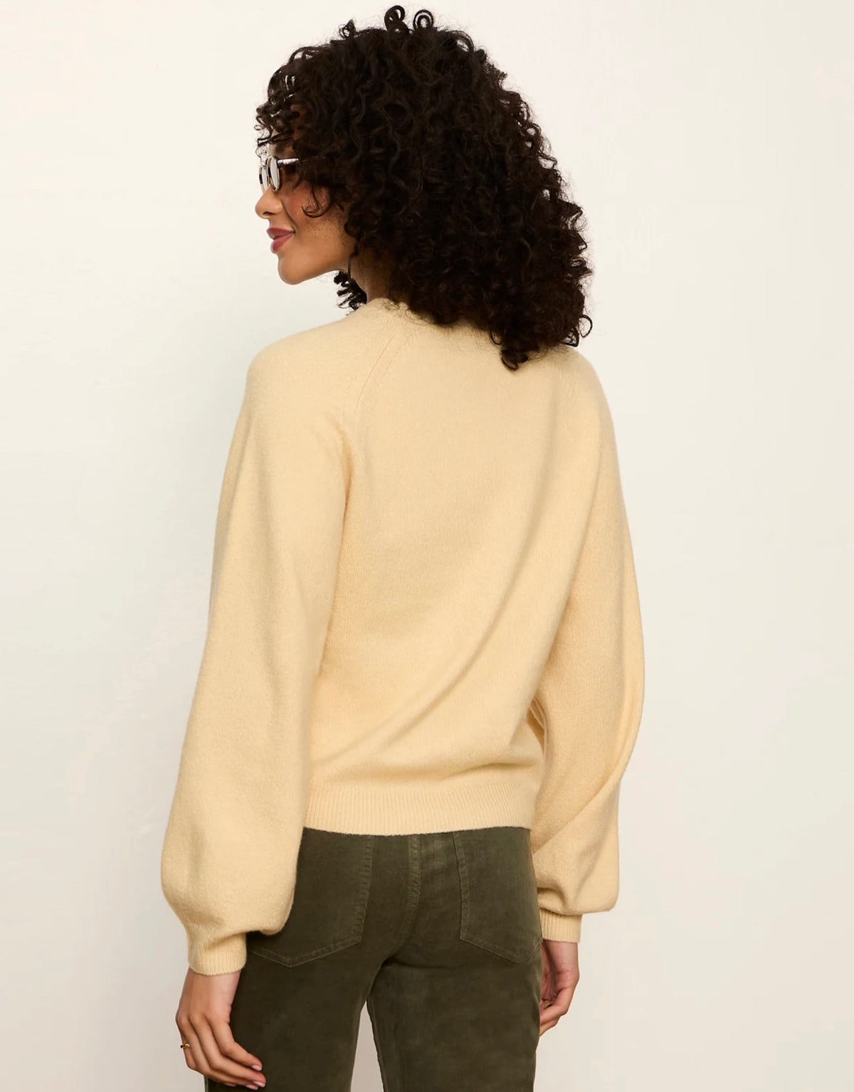 Sanctuary cream balloon-sleeve pullover sweater with ribbed cuffs and hem, back view