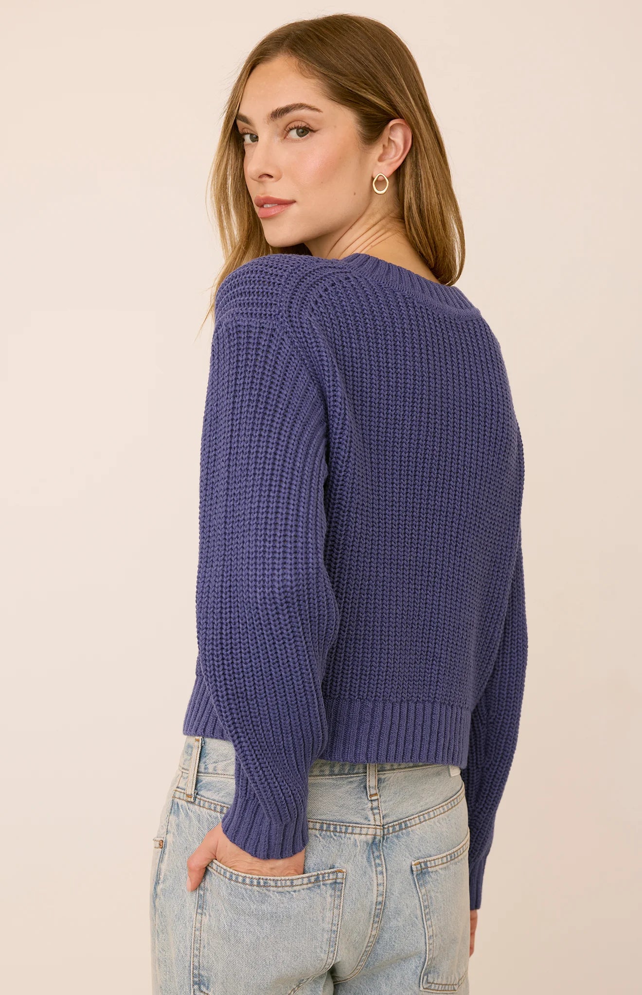 Gentle Fawn Jocelyn blue ribbed knit cropped sweater with long sleeves, back view