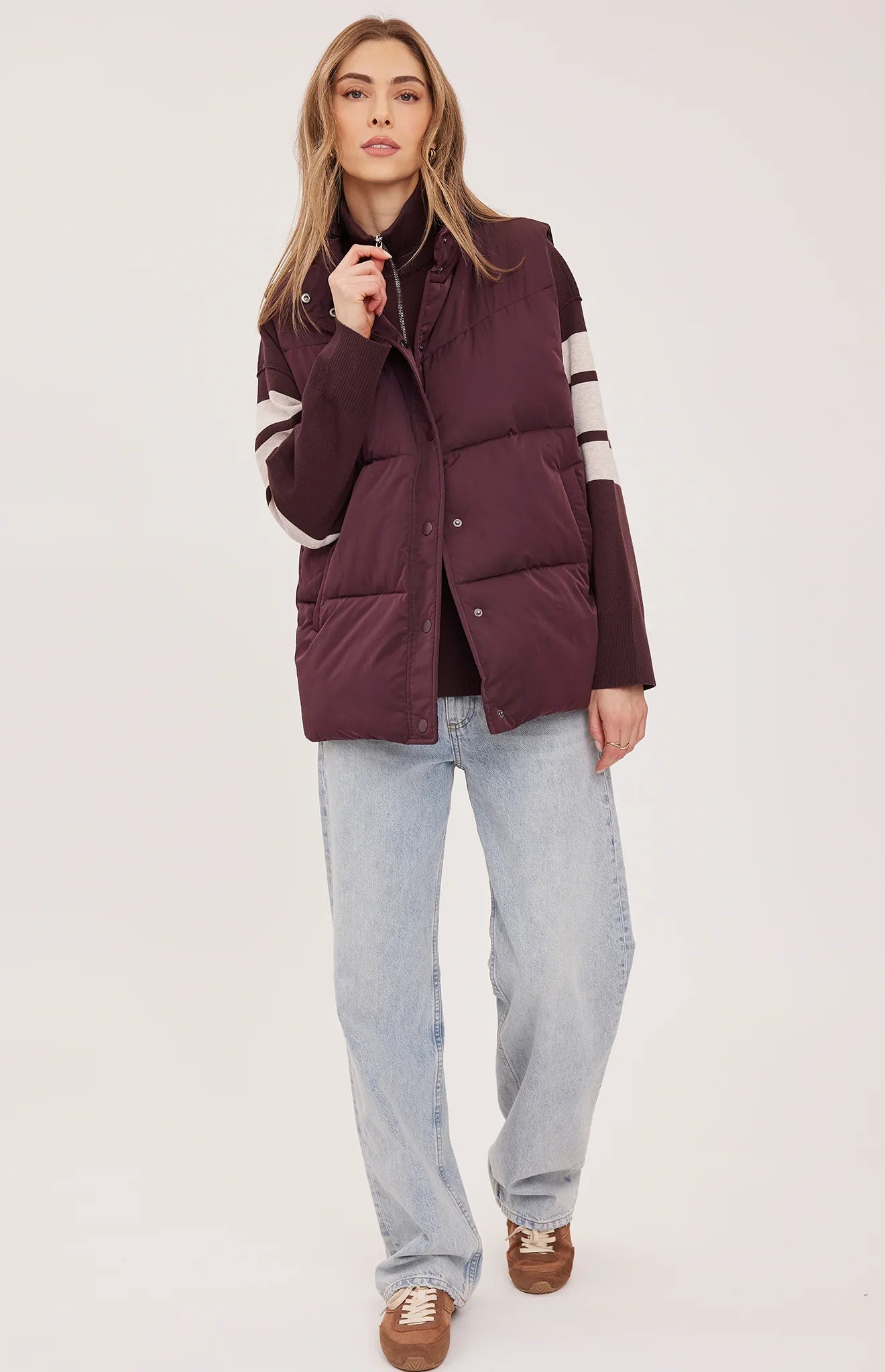 Gentle Fawn Shiloh burgundy quilted puffer vest with snap buttons and high collar