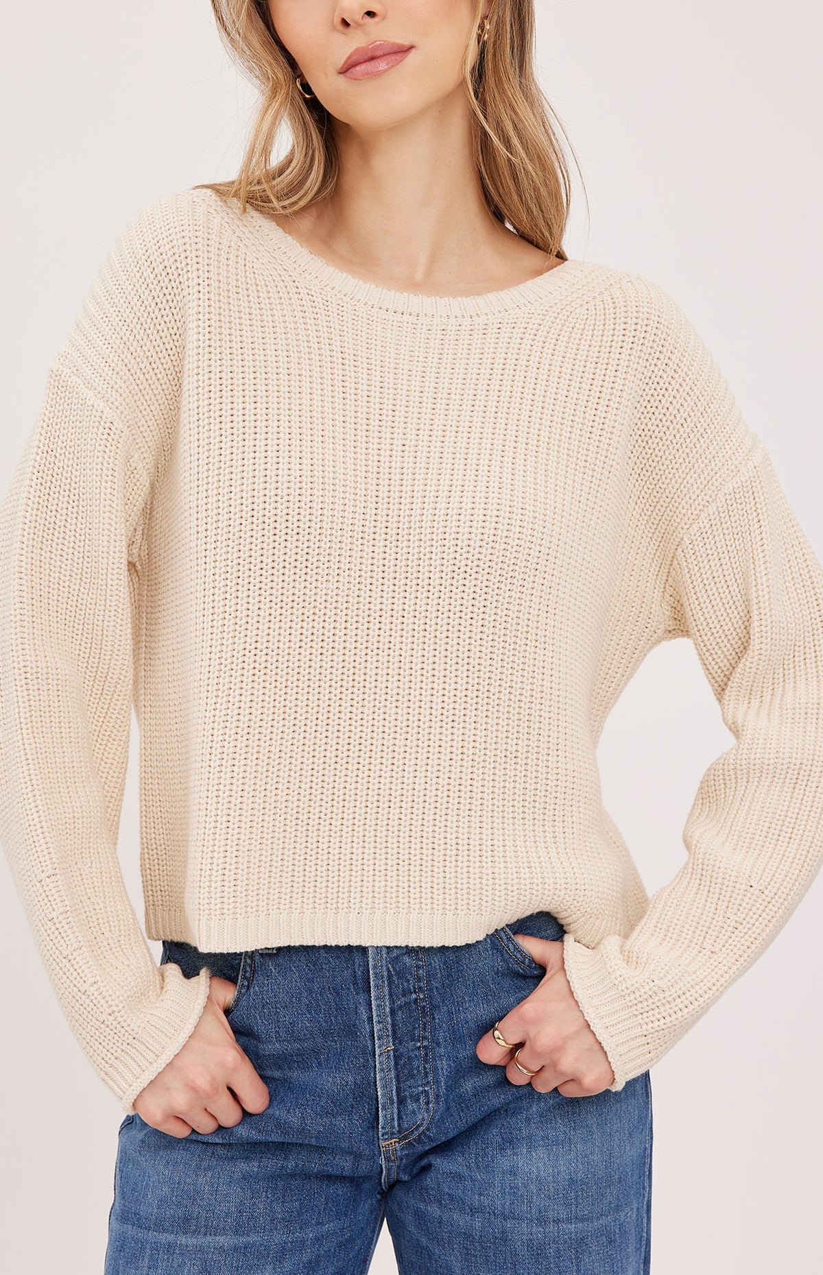 Gentle Fawn Isadora cream ribbed knit cropped sweater with long sleeves and round neck