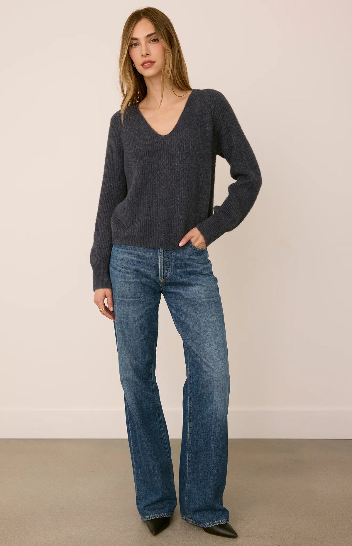 Gentle Fawn Filomena smoke blue-grey V-neck knit sweater styled with wide-leg jeans