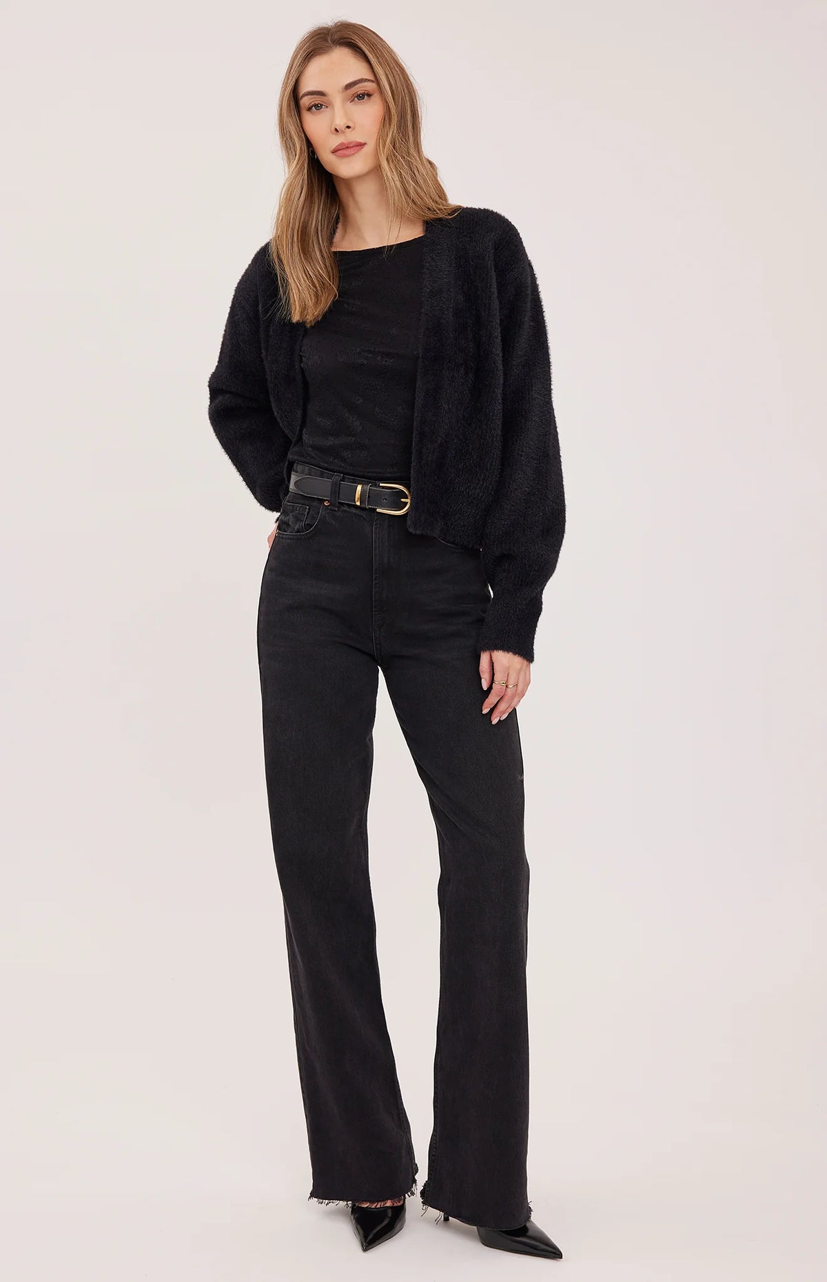 Gentle Fawn Theodora black fuzzy open-front cropped cardigan with long sleeves