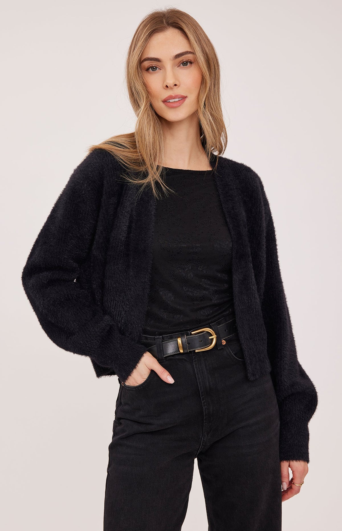 Gentle Fawn Theodora black fuzzy open-front cardigan with balloon sleeves