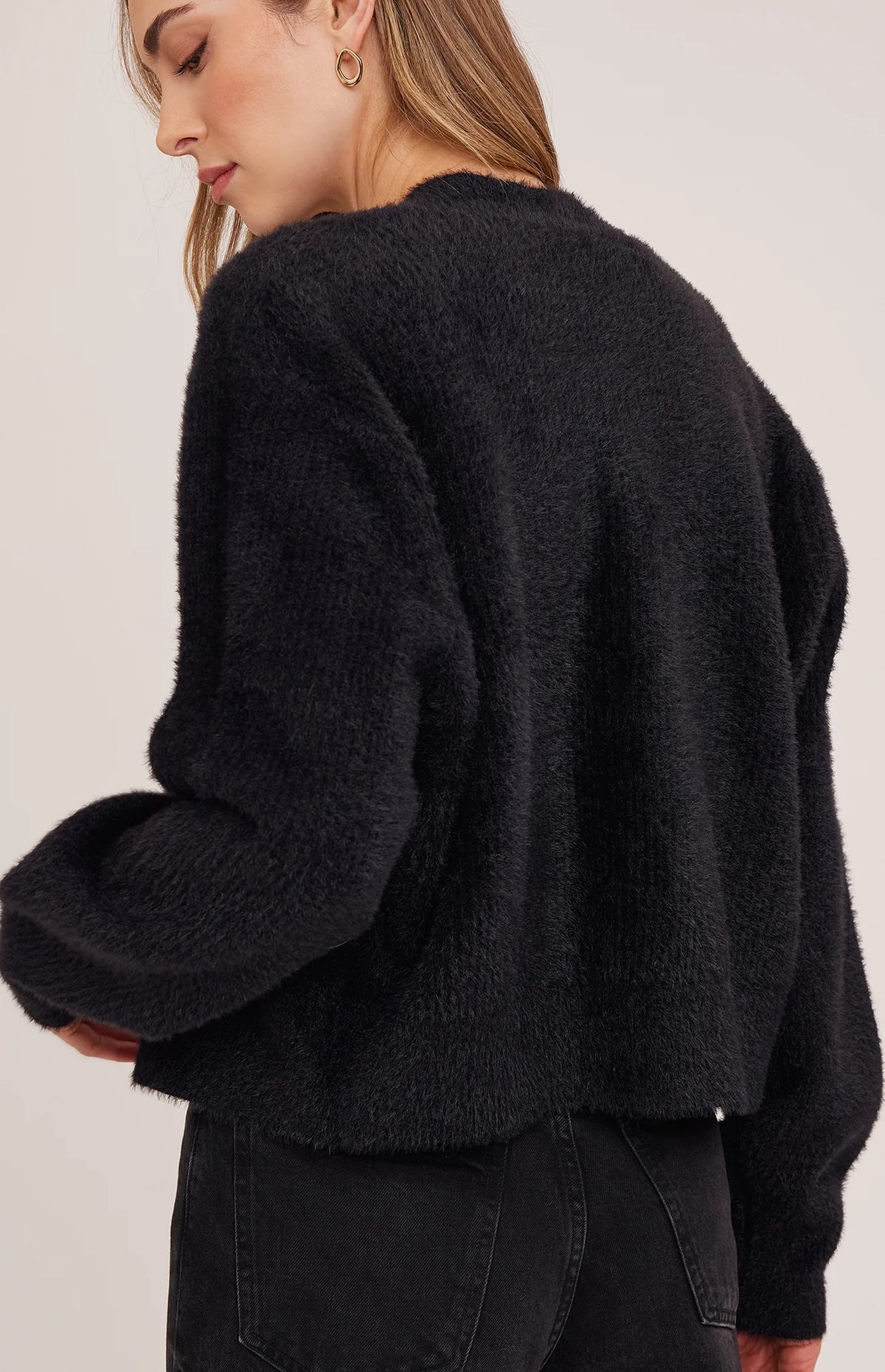 Gentle Fawn Theodora black fuzzy knit sweater, relaxed fit, long sleeves, back view