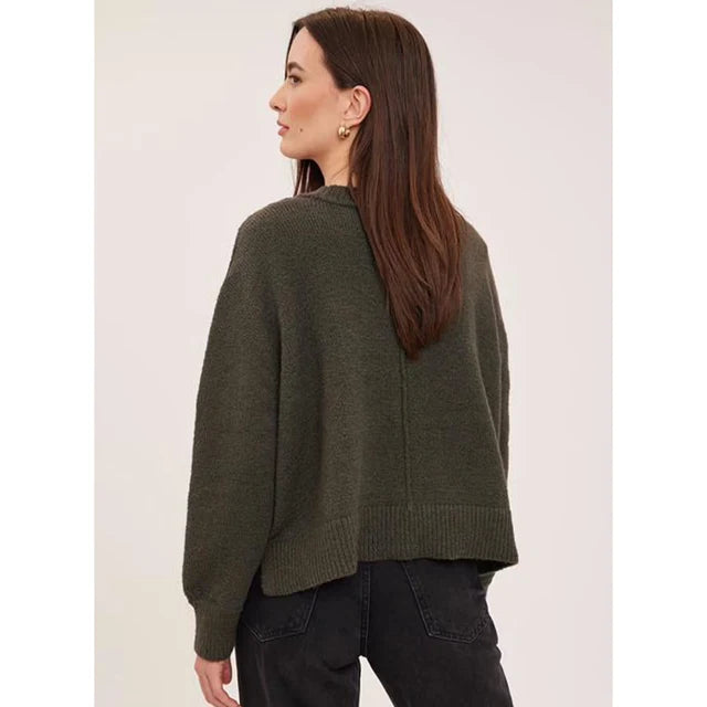 Women's olive green knit pullover sweater with relaxed fit and ribbed hem