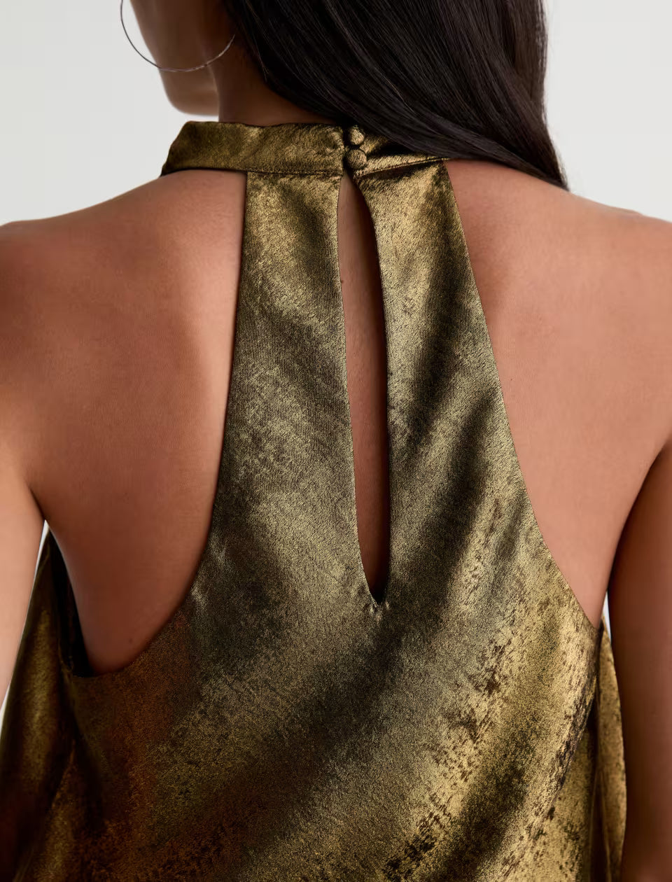 AG Kacey gold-olive satin halter top with open back keyhole detail