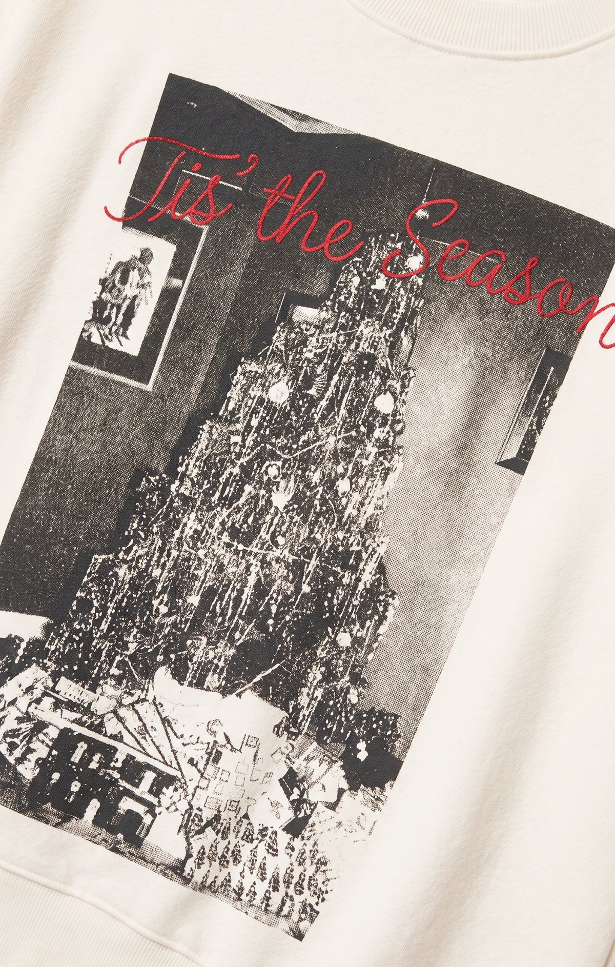 Cream boyfriend sweatshirt with vintage black-and-white Christmas tree graphic and red 'Tis the Season text