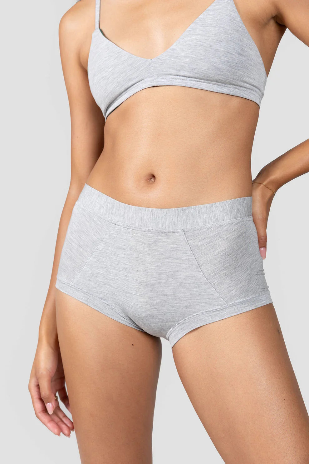 Gray heather high-rise brief boyshort with wide waistband and front panel