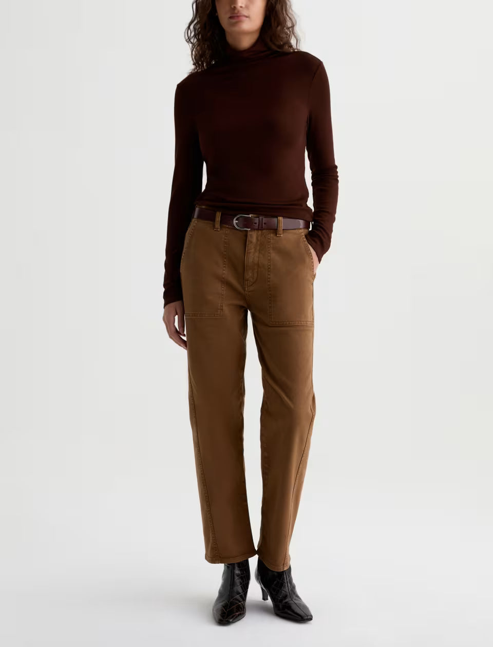 AG Analeigh honey brown straight-leg utility chino pants with patch pockets and ankle length