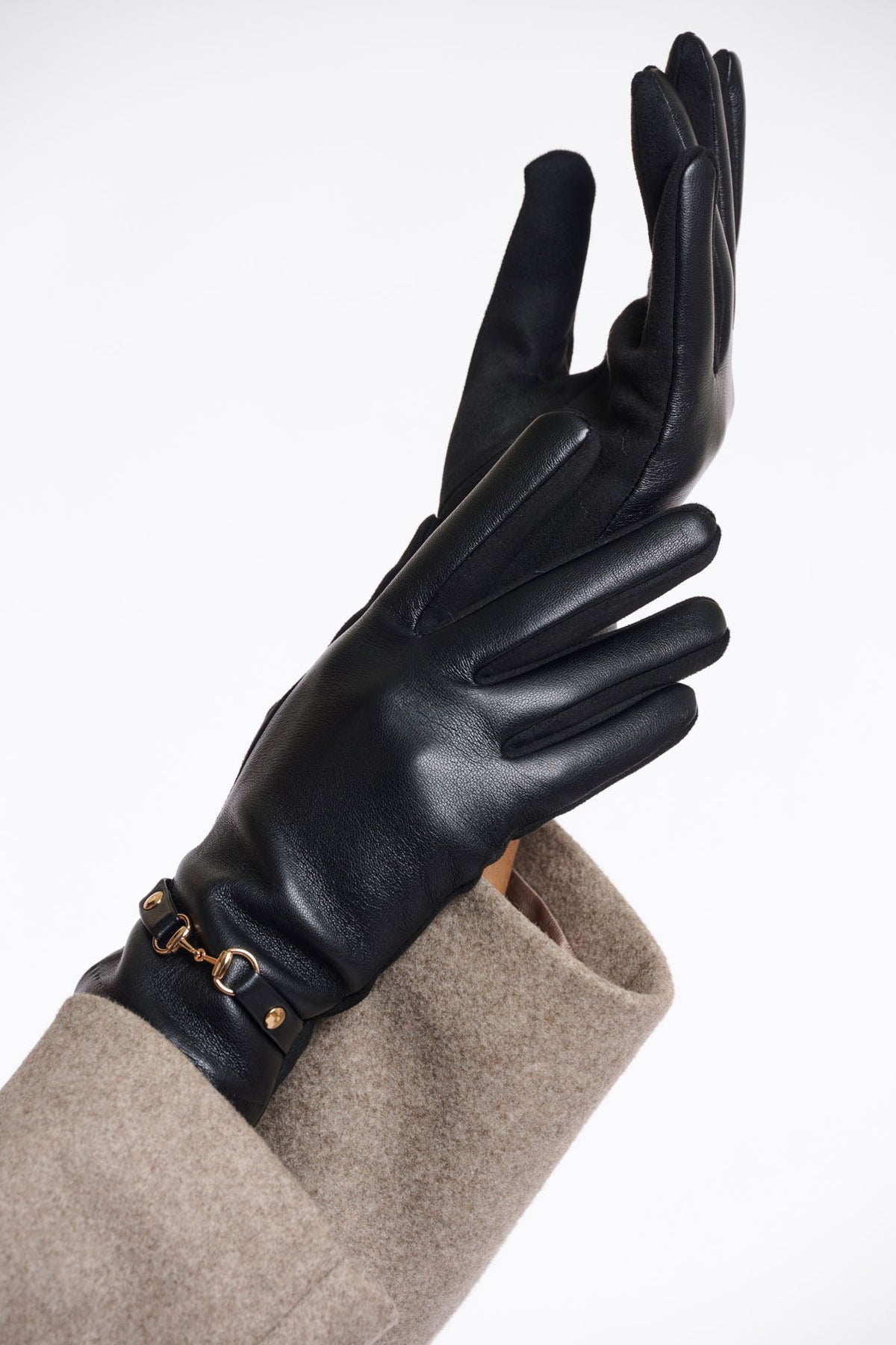 RINO & PELLE HAVILA black leather gloves with gold horsebit detail on wrist