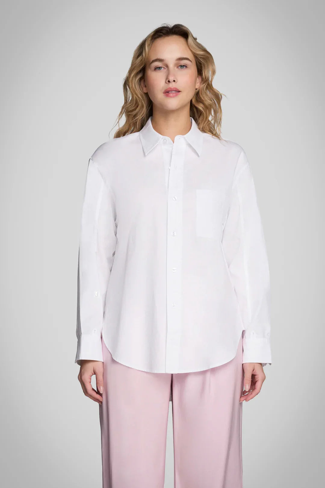 Pure & Simple white oversized button-up shirt with chest pocket and long sleeves