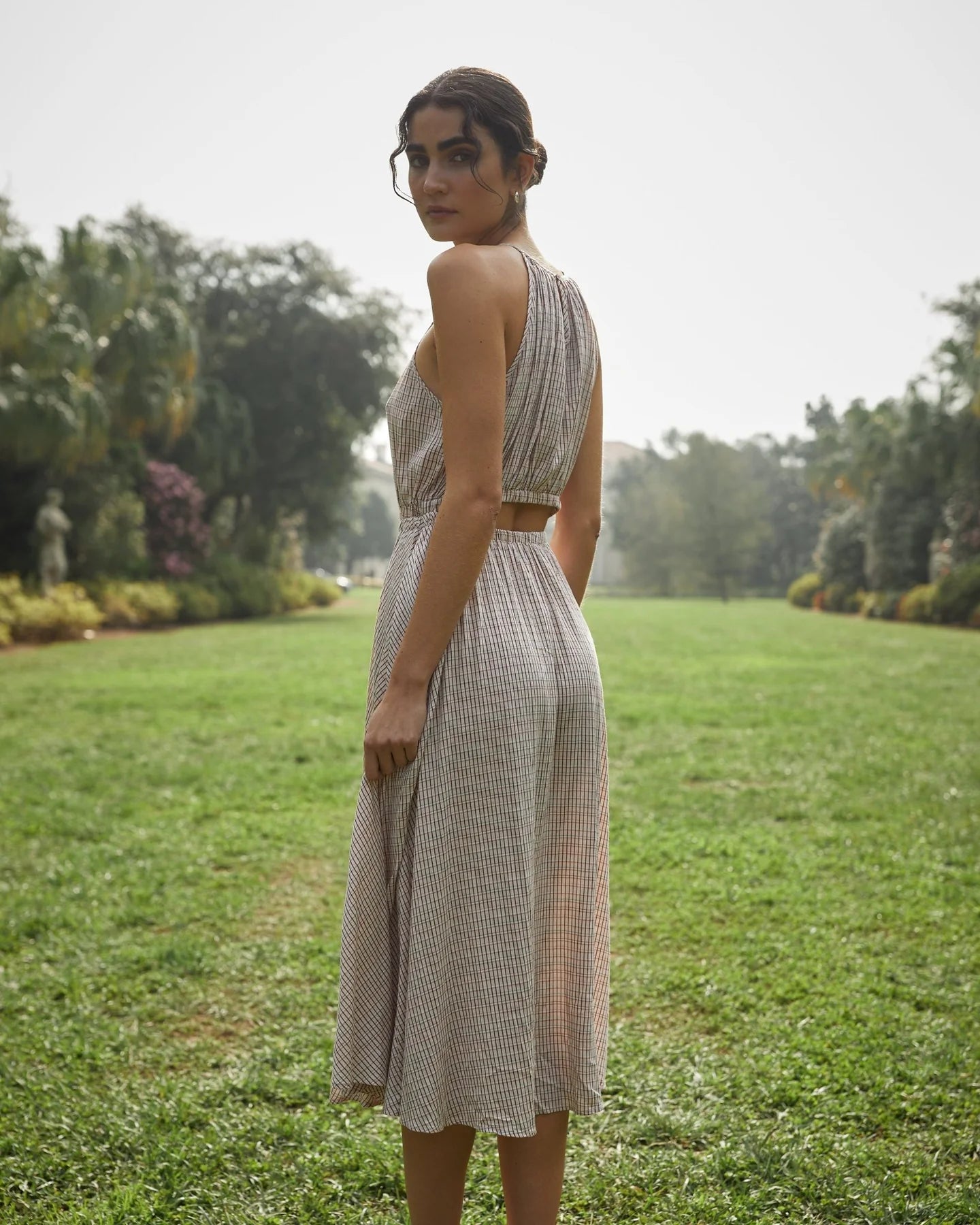 CUT OUT BACK MIDI HALTER DRESS