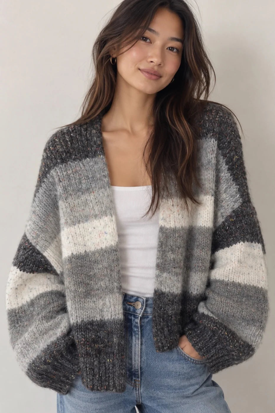 Oversized grey and white striped knit open-front cardigan sweater