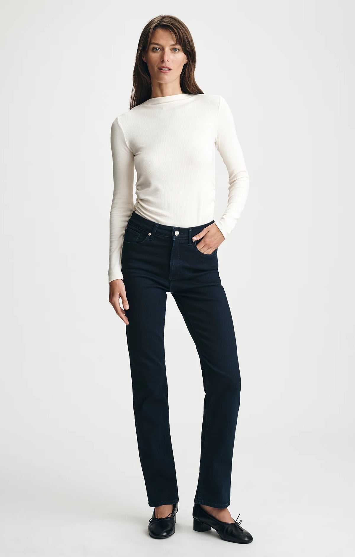 Mavi Kendra high-rise straight-leg dark navy blue jeans with white long-sleeve top